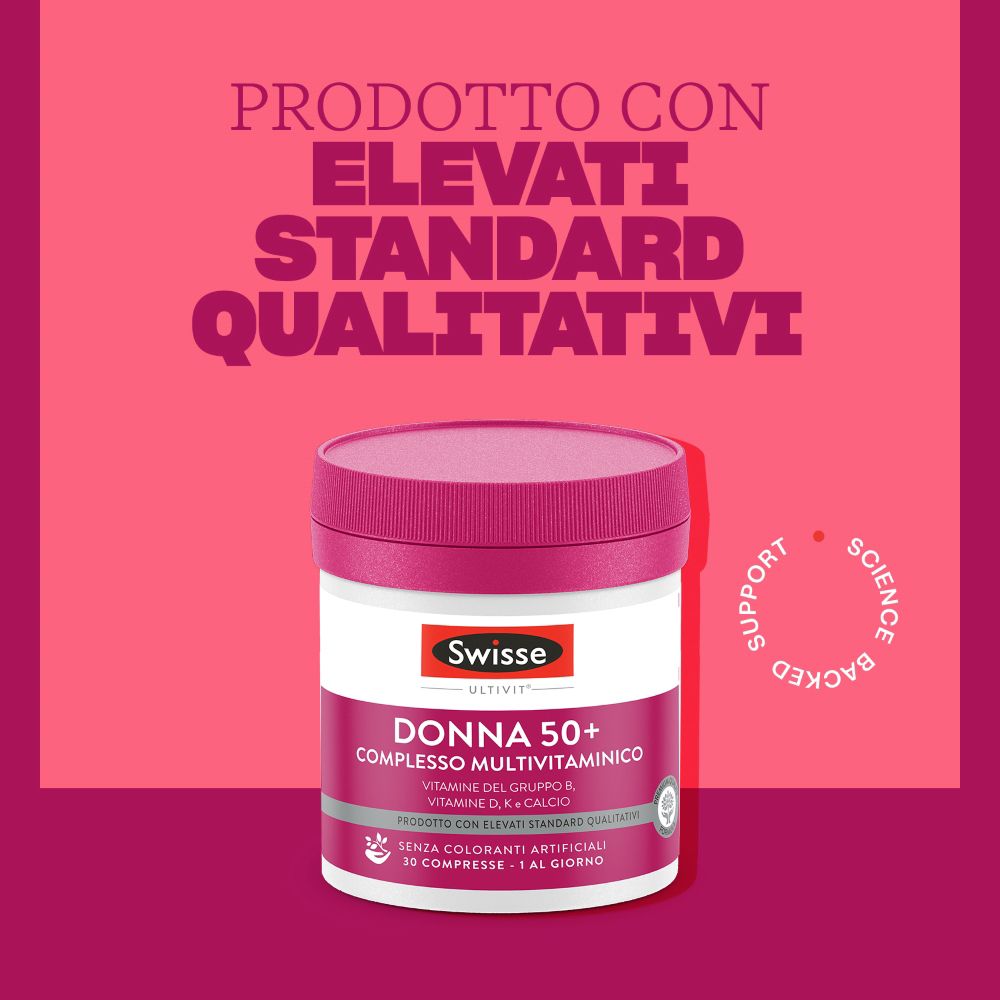 Produktverpackung von Swisse Multivitaminico Completo Donna 50+ e Minerali Compresse. Rosa-weißes Design, Produktname.
