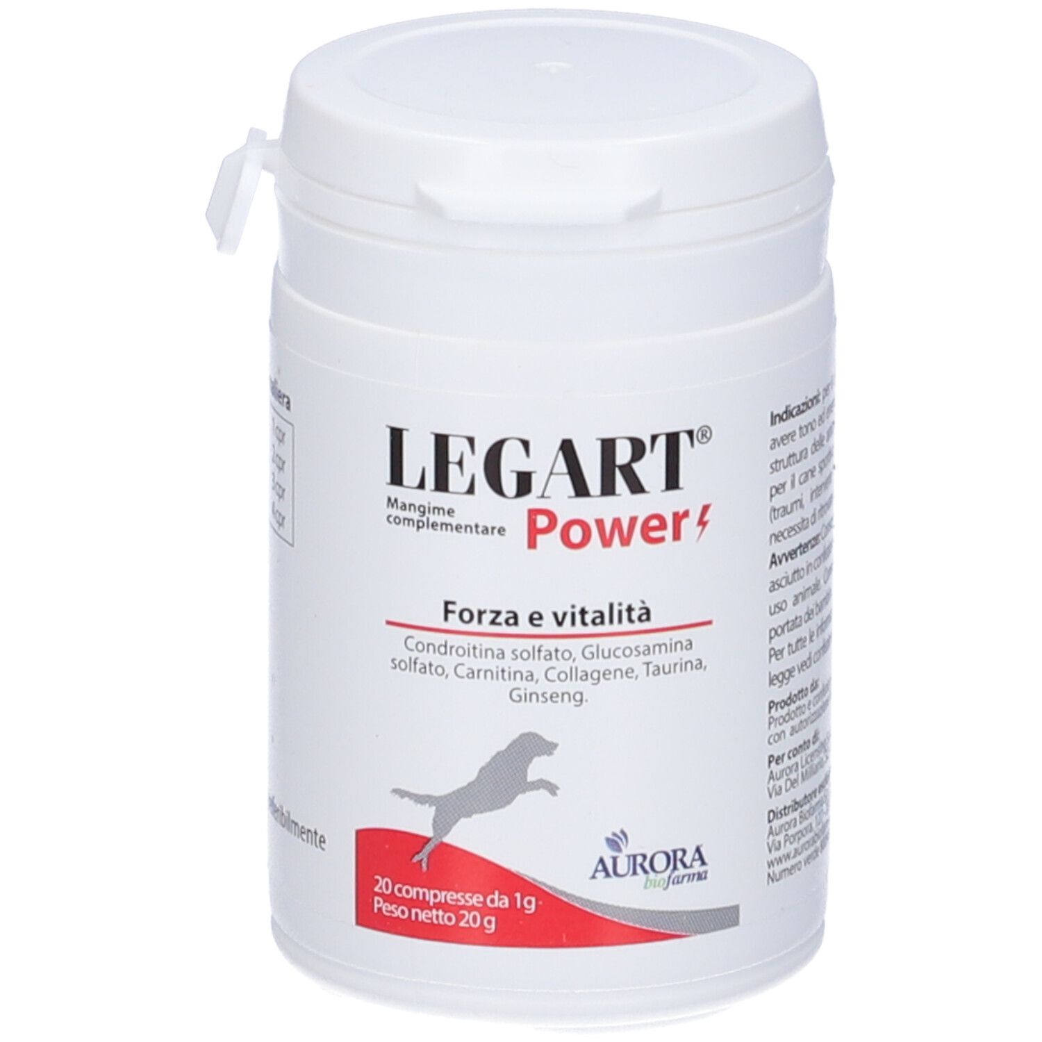 Contenitore cilindrico bianco con coperchio. Scritte: LEGART Power, ingredienti, 20 compresse. Marchio: Aurora Biofarma.