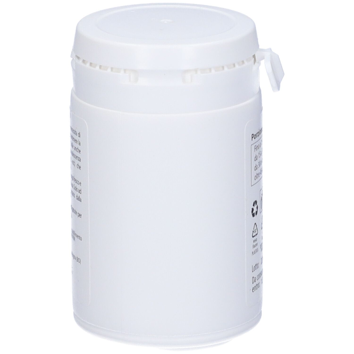 Contenitore cilindrico bianco con coperchio. Nessuna scritta visibile.