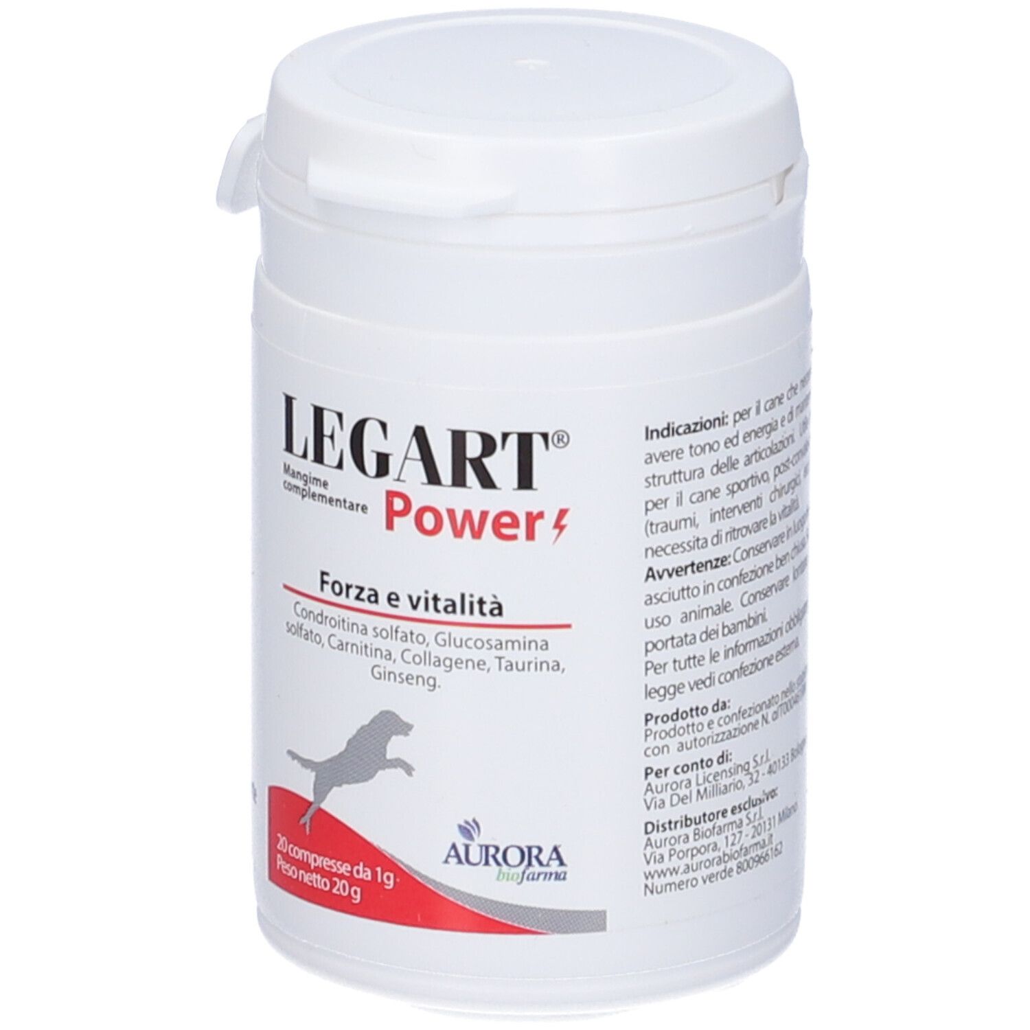 Contenitore cilindrico bianco con coperchio. Scritte: LEGART Power, ingredienti, 20 compresse. Marchio: Aurora Biofarma.