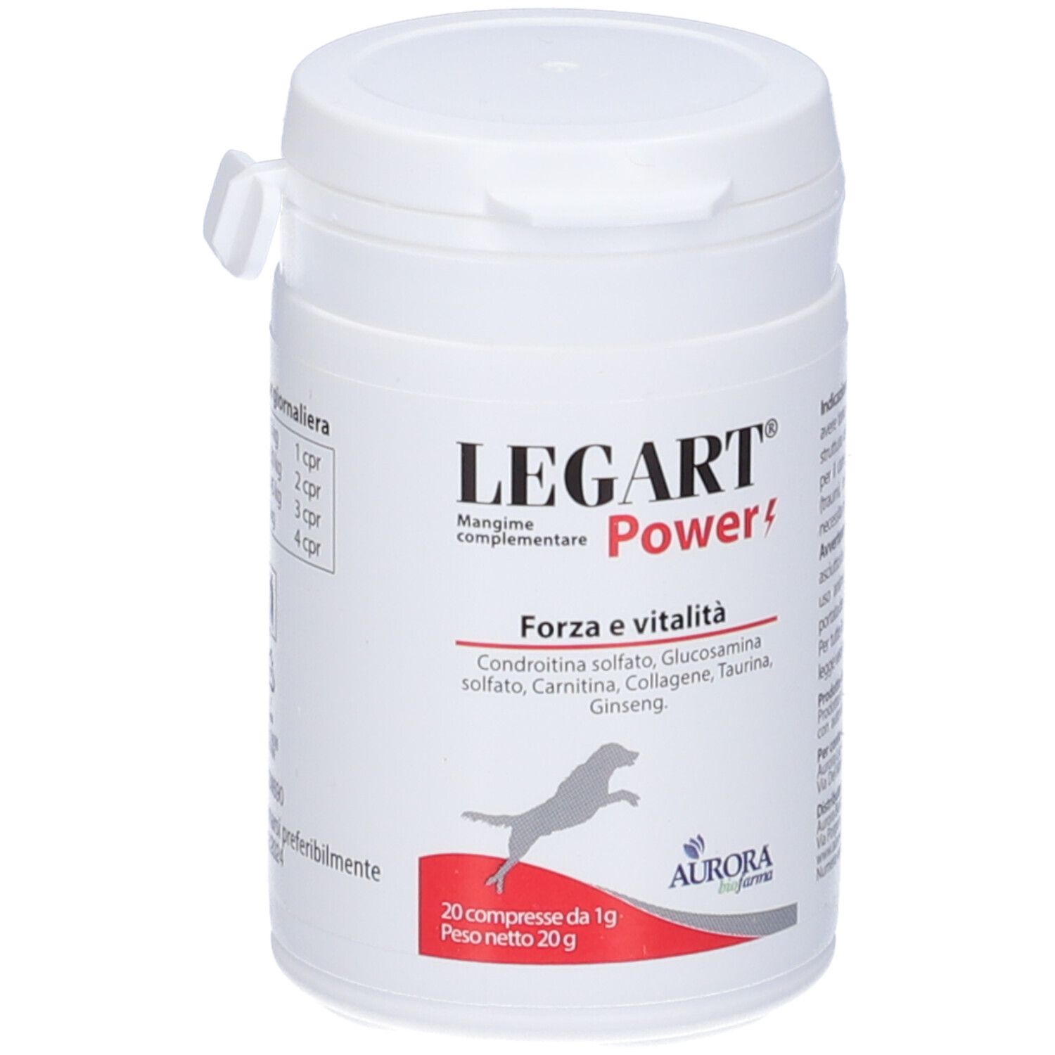 Contenitore cilindrico bianco con coperchio. Scritte: LEGART Power, ingredienti, 20 compresse. Marchio: Aurora Biofarma.
