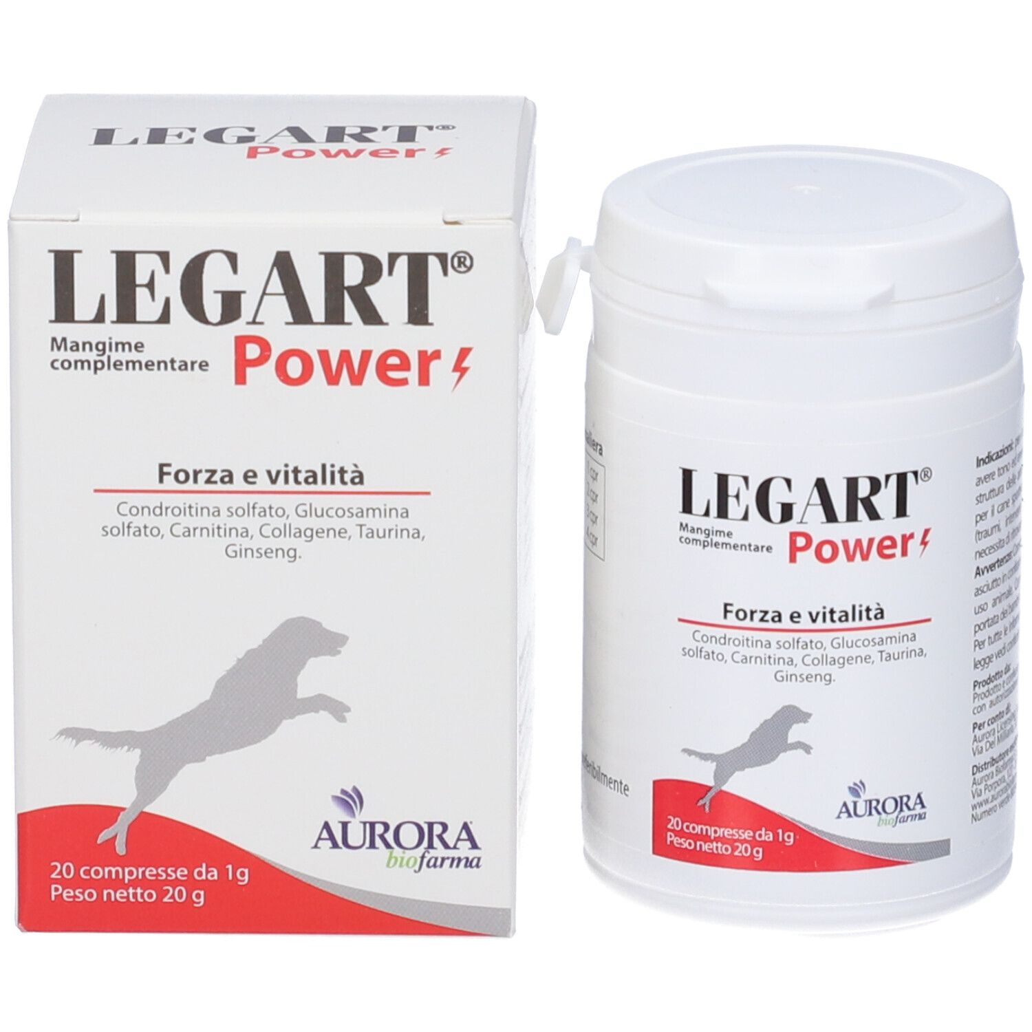 Contenitore e scatola bianchi. Scritte: LEGART Power, ingredienti, 20 compresse. Marchio: Aurora Biofarma.