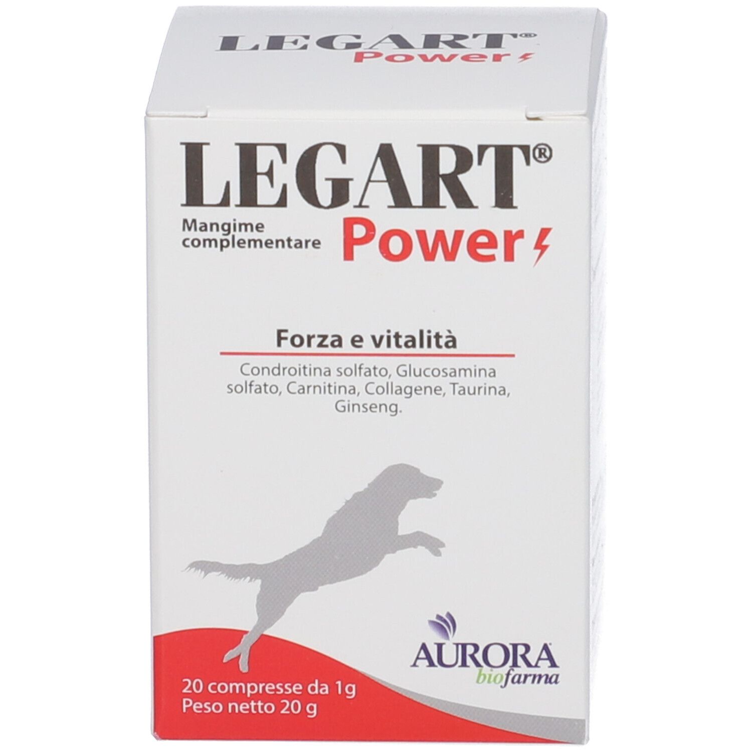 Scatola bianca. Scritte: LEGART Power, ingredienti, 20 compresse. Marchio: Aurora Biofarma.