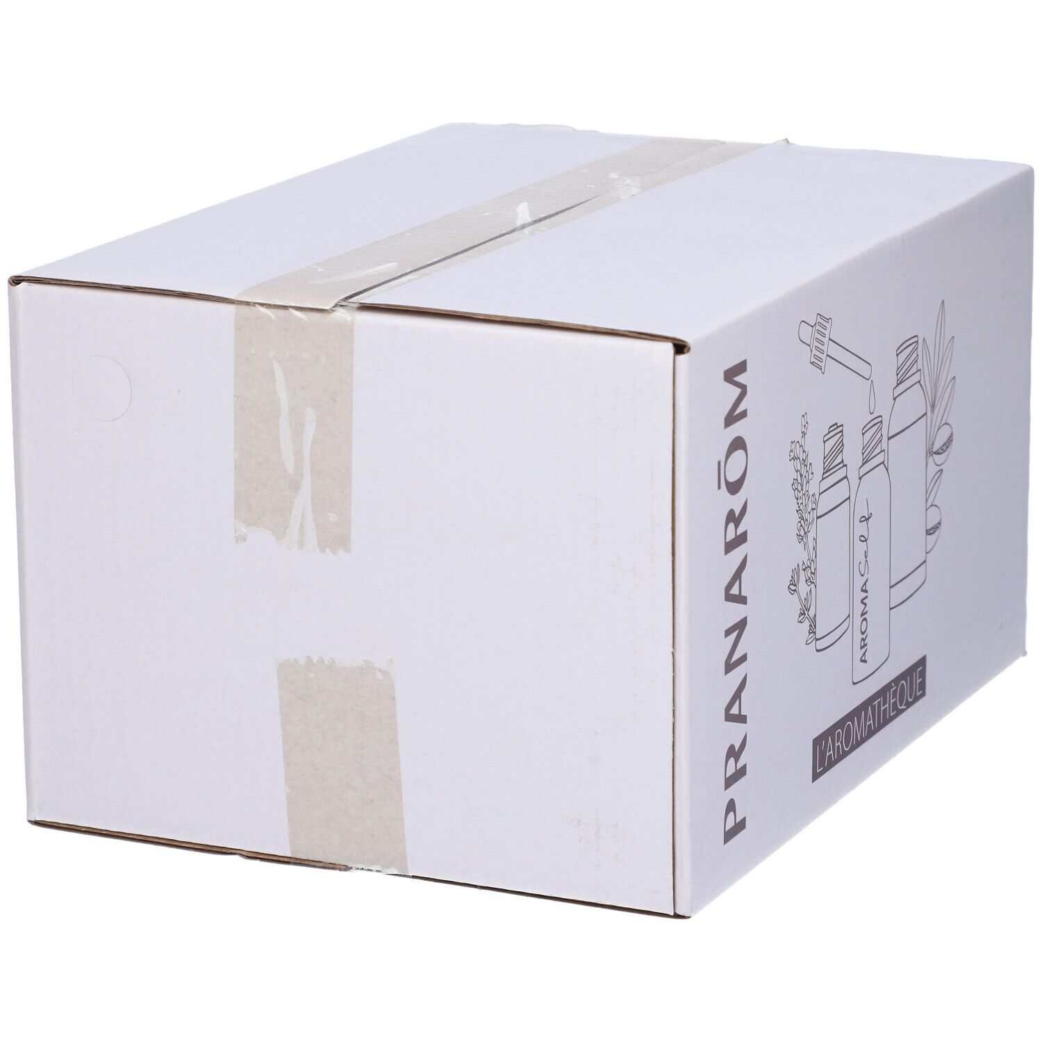 Scatola bianca con stampa. Stampa: PRANARÔM, illustrazione di flaconi. Testo: AROMA Self, L'AROMATHÈQUE.
