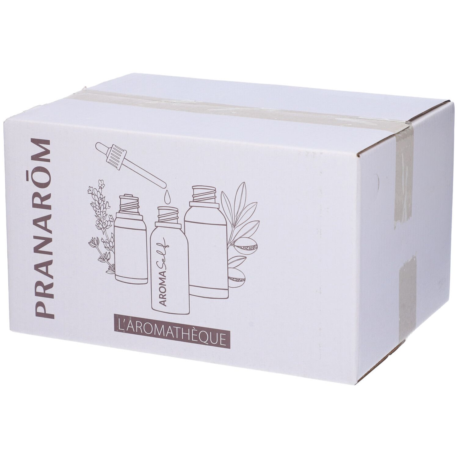 Scatola bianca con stampa. Stampa: PRANARÔM, illustrazione di flaconi e contagocce. Testo: AROMA Self, L'AROMATHÈQUE.
