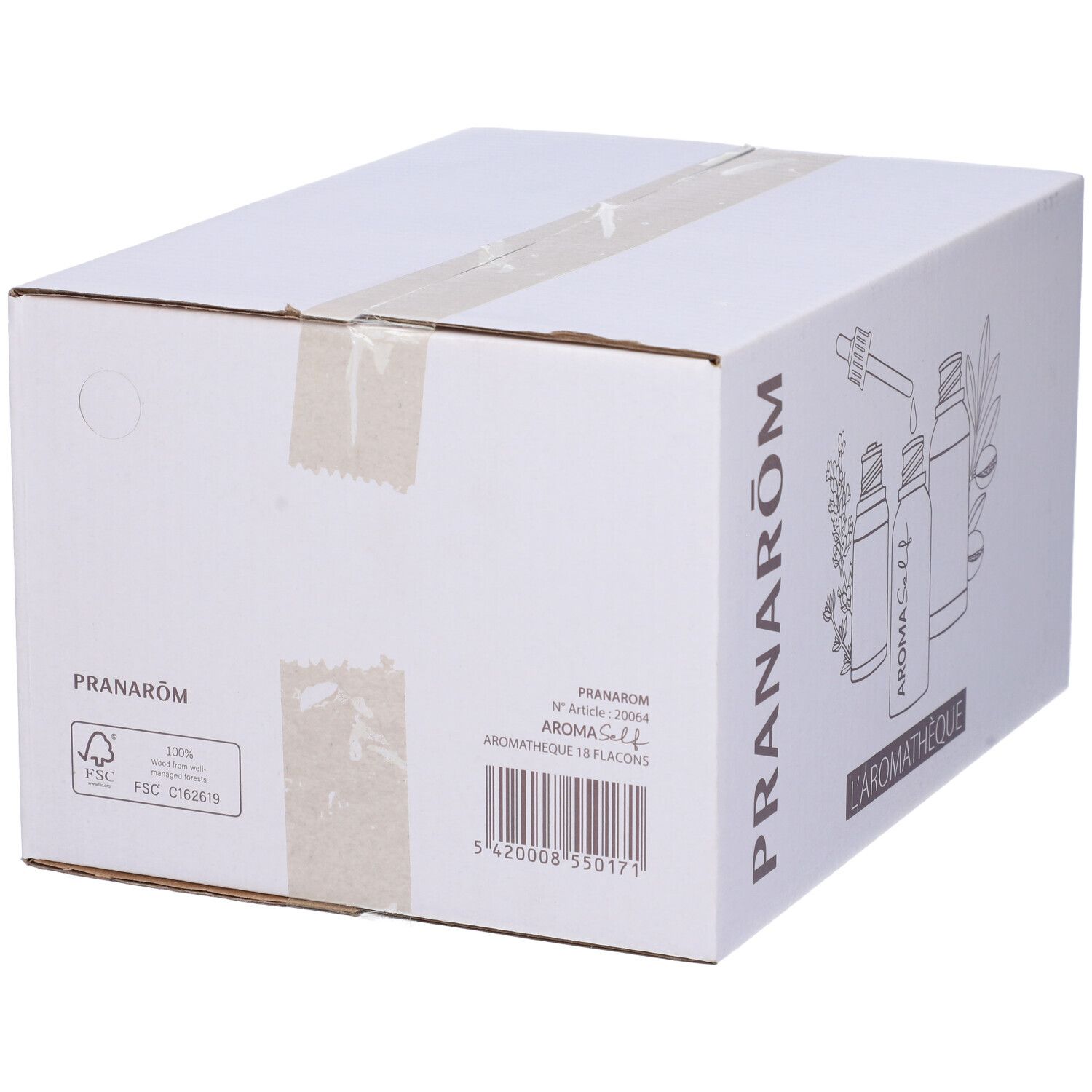 Scatola bianca con stampa. Stampa: PRANARÔM, illustrazione di flaconi. Testo: AROMA Self, L'AROMATHÈQUE, numero articolo e codice a barre.