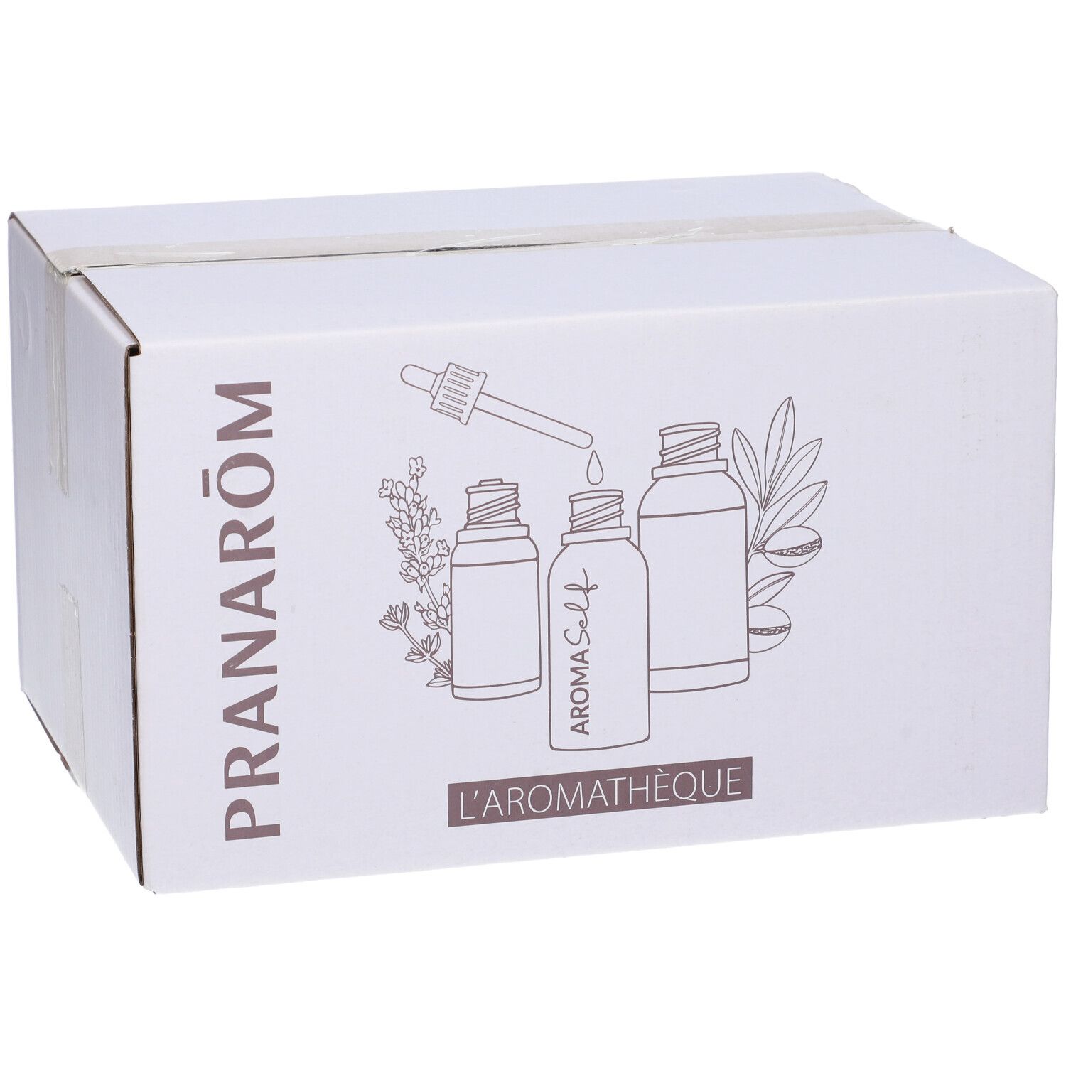 Scatola bianca con stampa. Stampa: PRANARÔM, illustrazione di flaconi e contagocce. Testo: AROMA Self, L'AROMATHÈQUE.