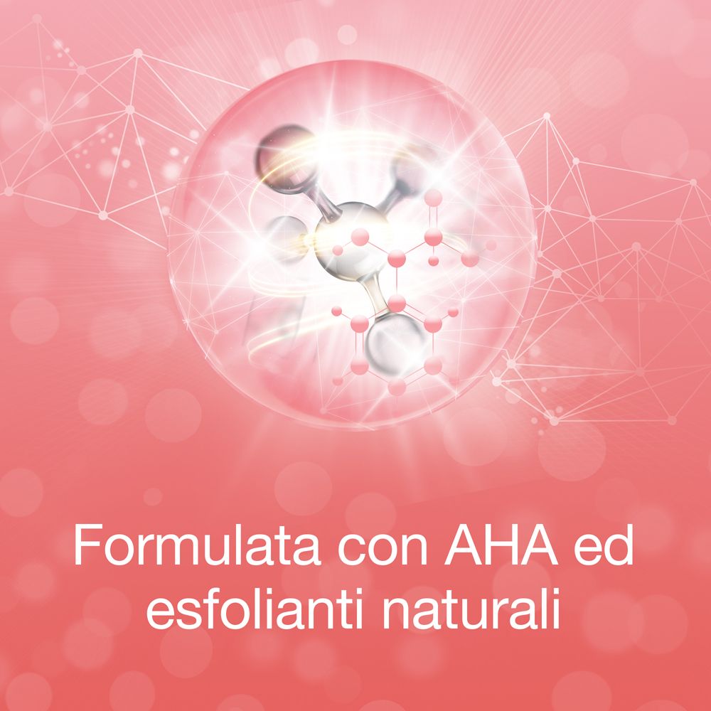 Grafik mit Molekül. Text: Formulata con AHA ed esfolianti naturali.