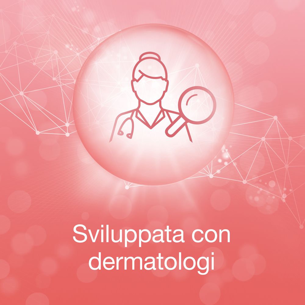 Grafik mit Arzt. Text: Sviluppata con dermatologi.