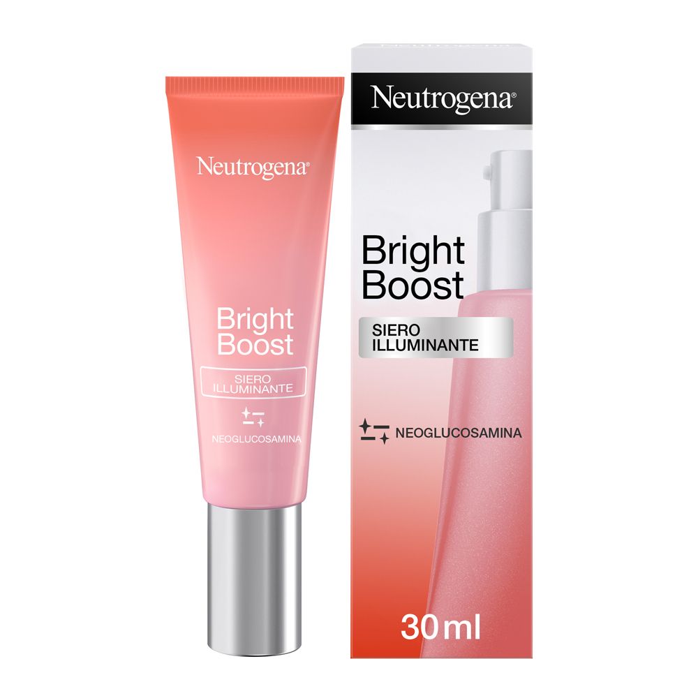 Siero Neutrogena Bright Boost. Tubo rosa con tappo argento. Scritta Bright Boost e Siero Illuminante.