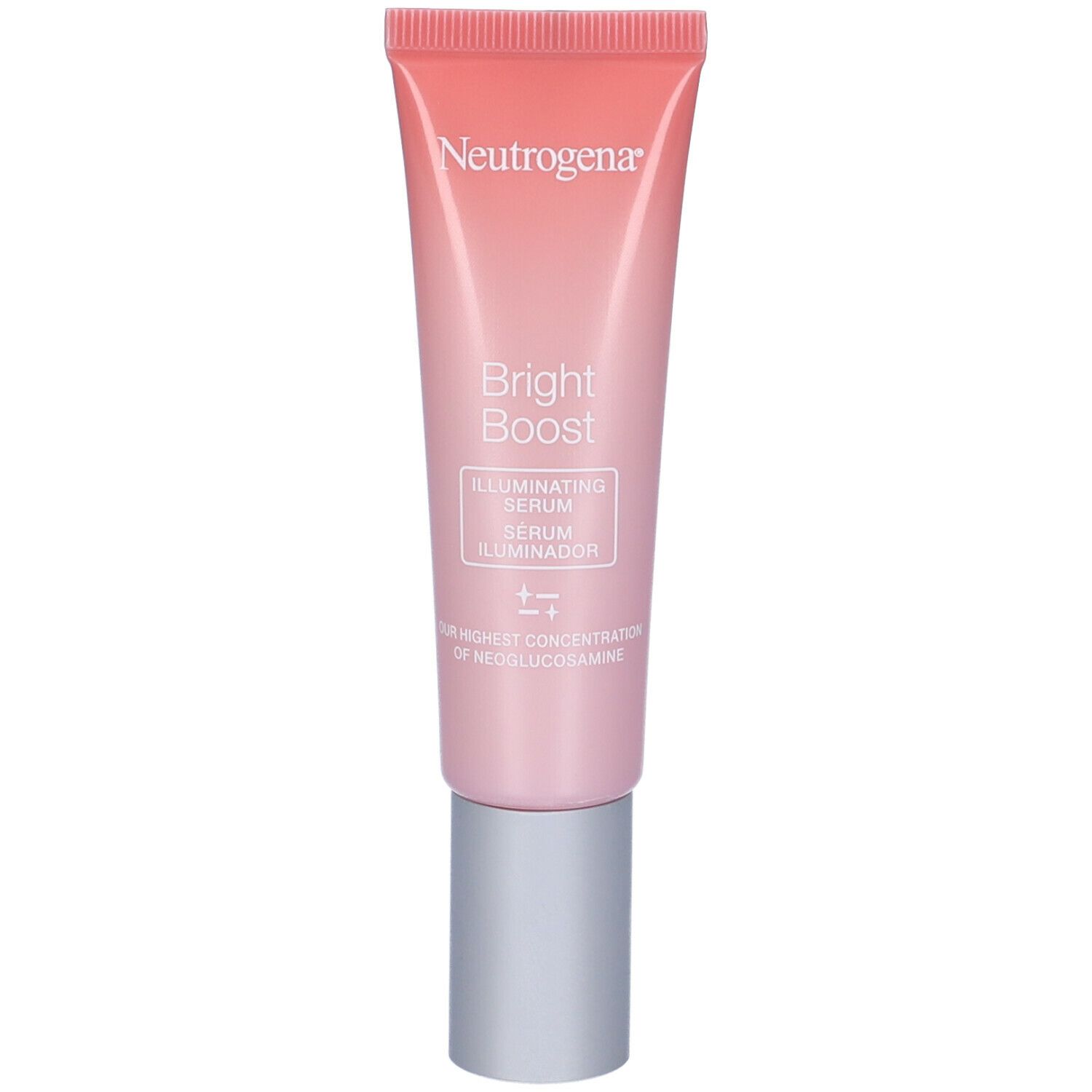 Siero Neutrogena Bright Boost. Tubo rosa con tappo argento. Scritta Bright Boost e Serum Illuminator.