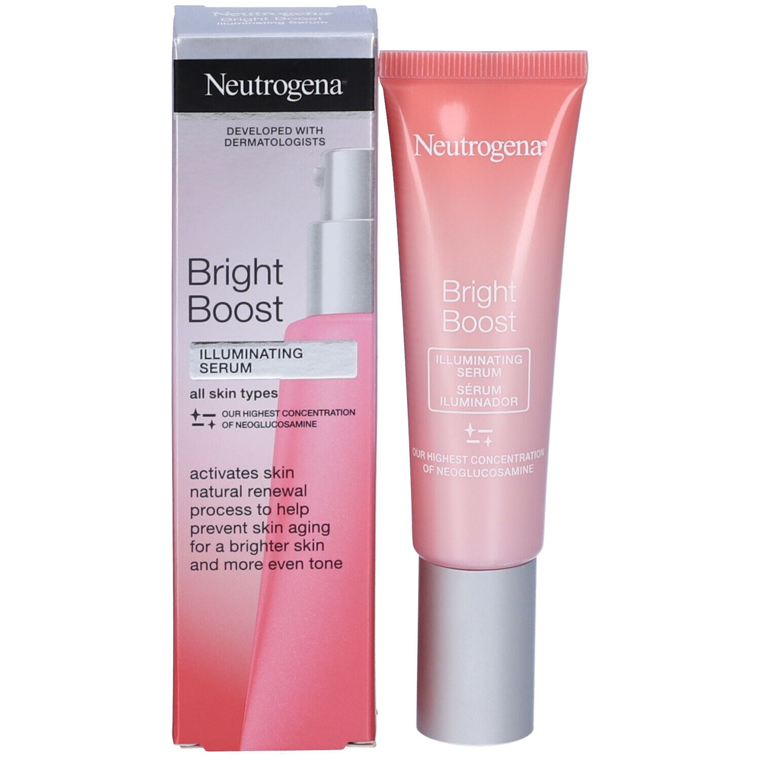 Siero Neutrogena Bright Boost e confezione. Tubo e scatola rosa. Scritta Bright Boost.