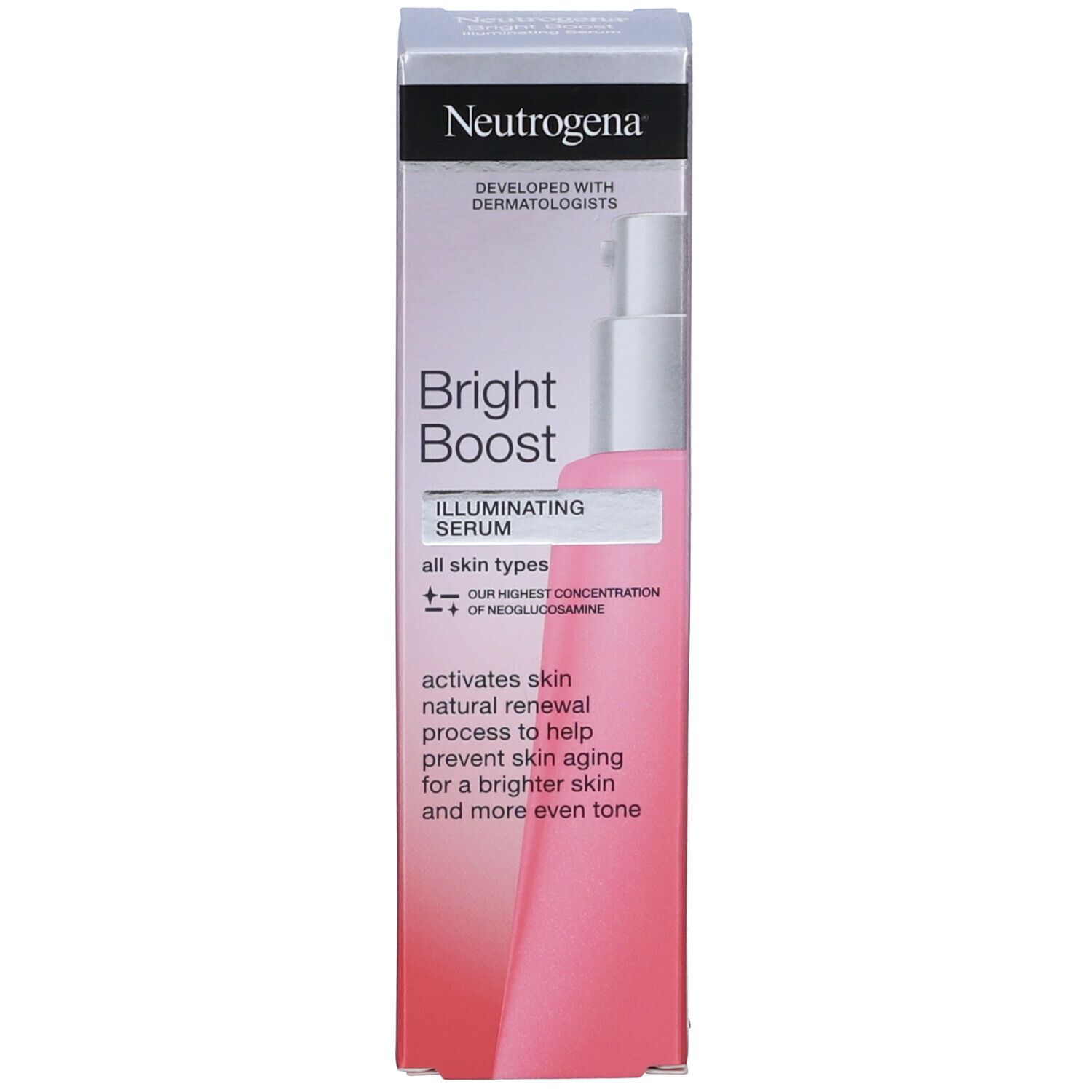Confezione del siero Neutrogena Bright Boost. Scatola rosa. Scritta Bright Boost e Serum Illuminator.