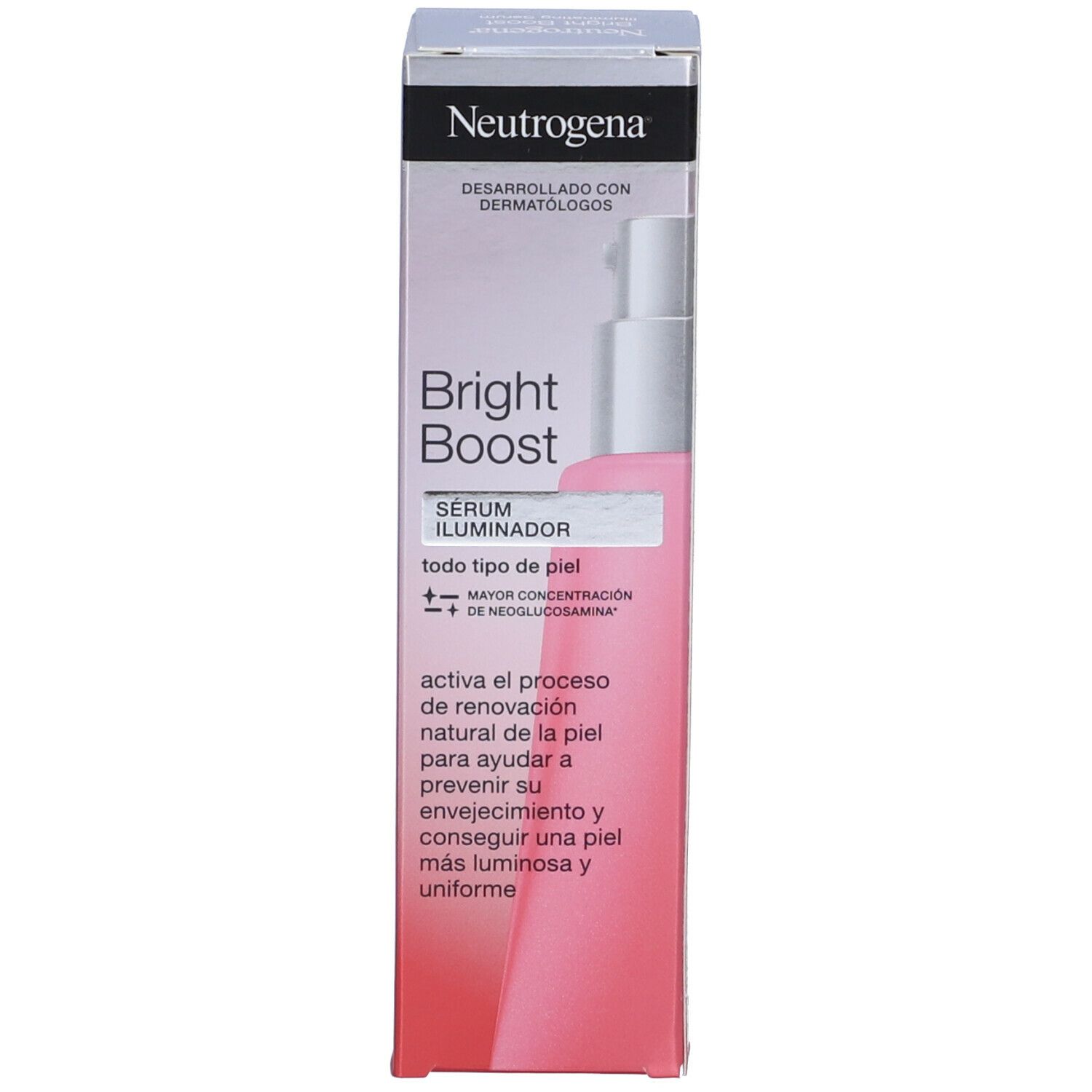 Confezione del siero Neutrogena Bright Boost. Scatola rosa. Scritta Bright Boost e Serum Illuminador.