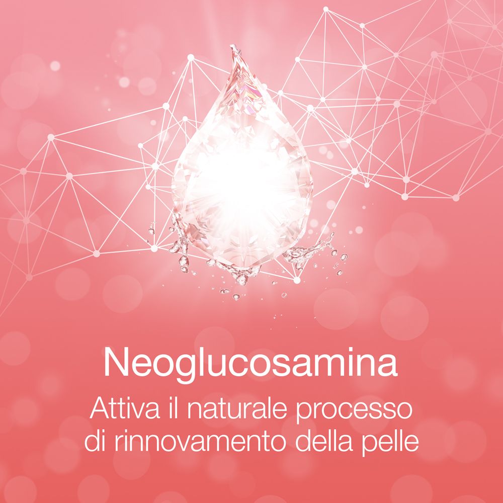 Goccia di siero. Testo: Neoglucosamina. Attiva il naturale processo di rinnovamento della pelle.