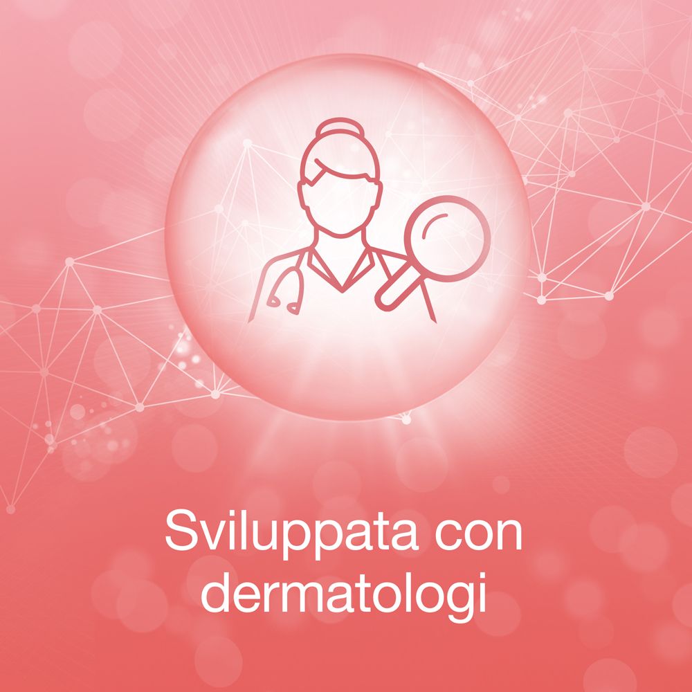 Simbolo di un medico con una lente d'ingrandimento. Testo: Sviluppata con dermatologi.