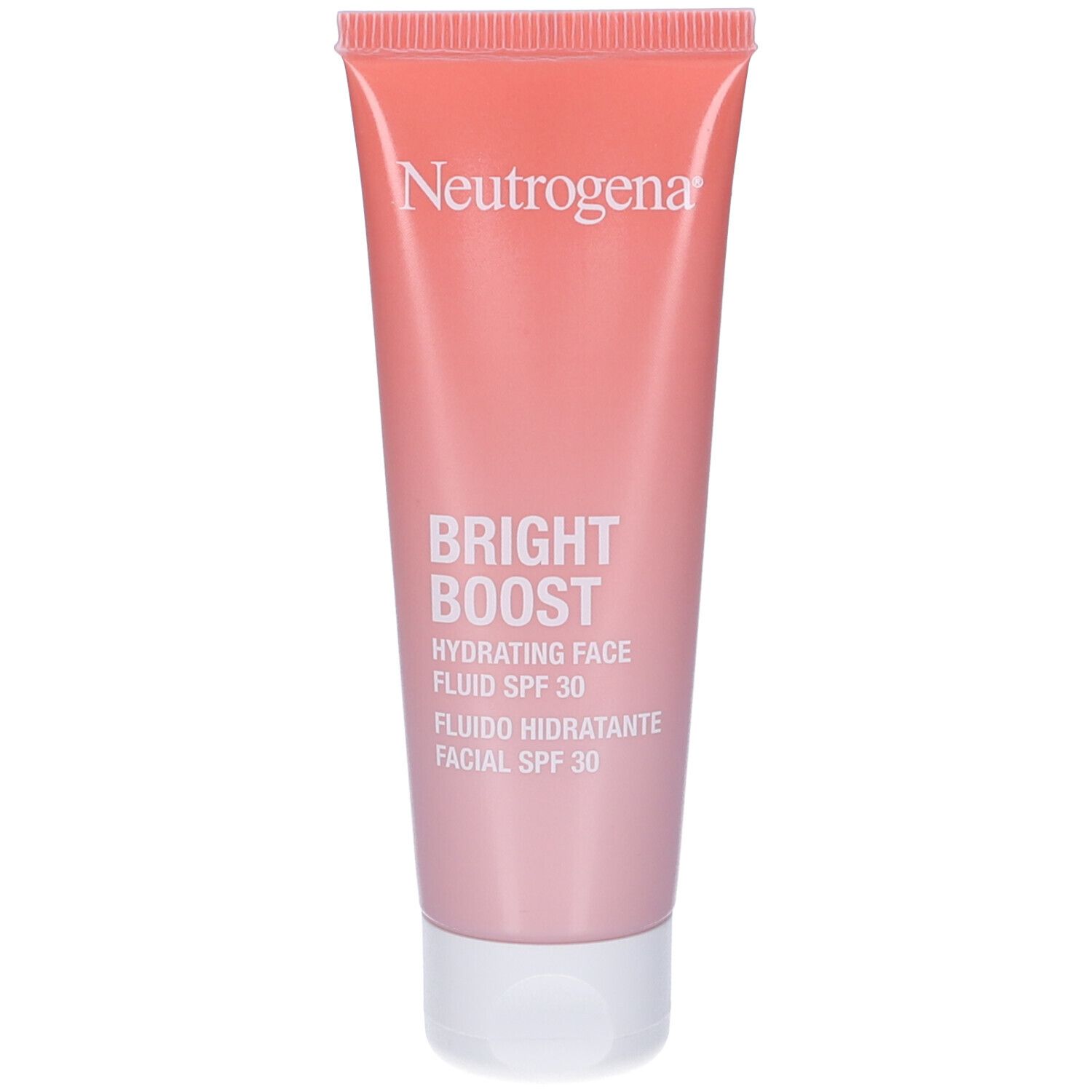 Neutrogena Bright Boost Hydrating Face Fluid SPF 30 in einem rosafarbenen Spender.