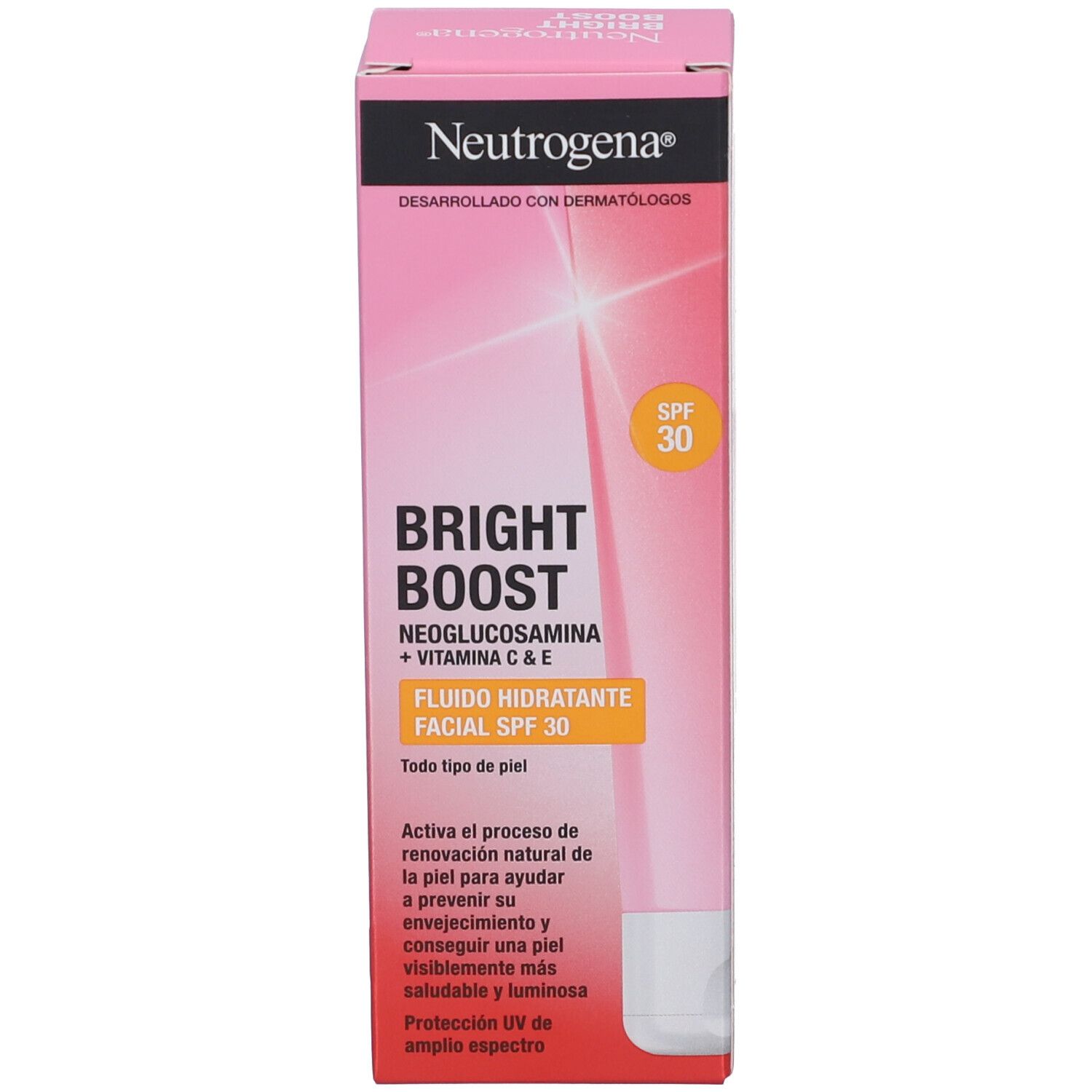 Neutrogena Bright Boost Gesichtsfluid SPF 30 in rosa Verpackung.