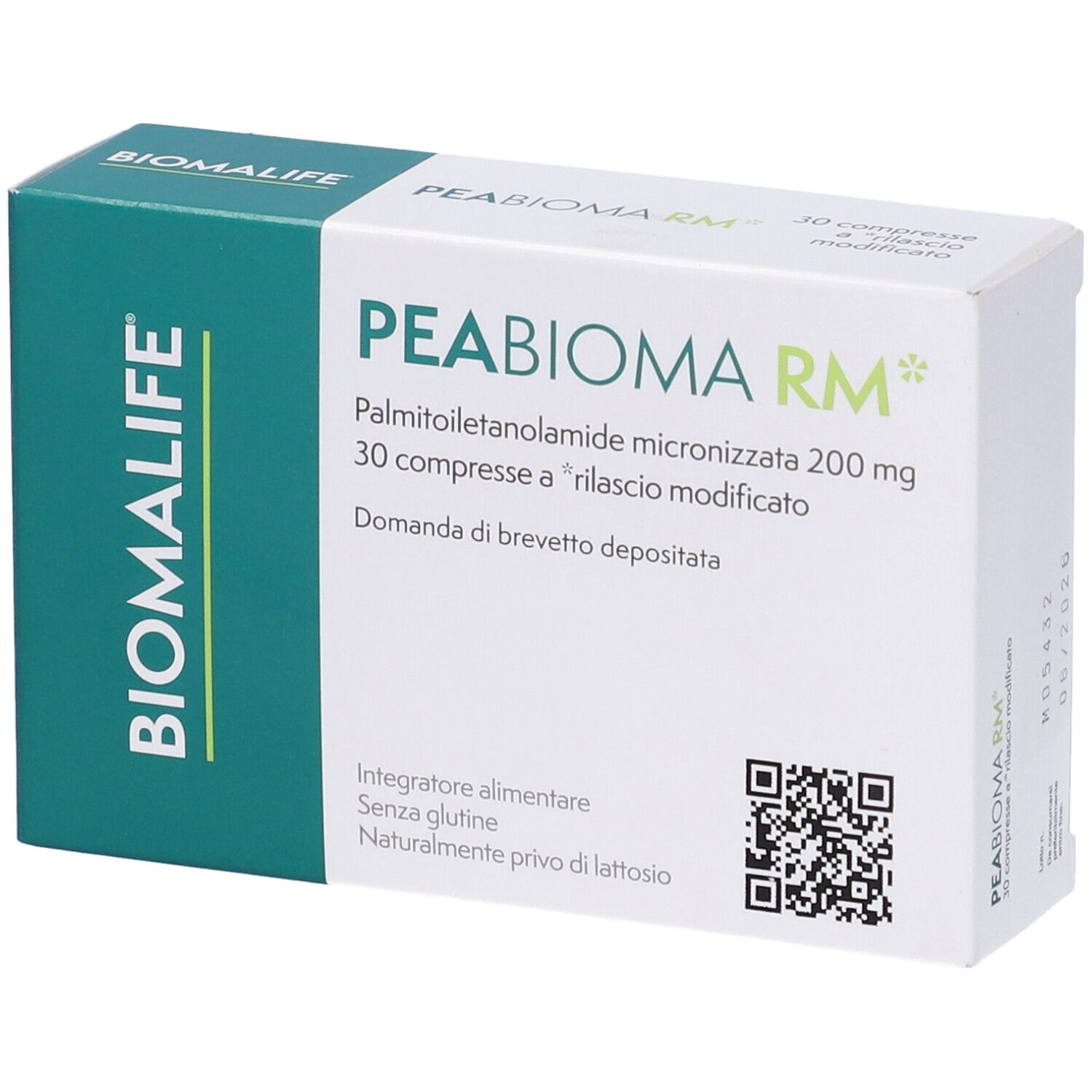 Scatola bianca e verde. Scritta PEABIOMA RM, 30 compresse. Marchio BIOMALIFE.