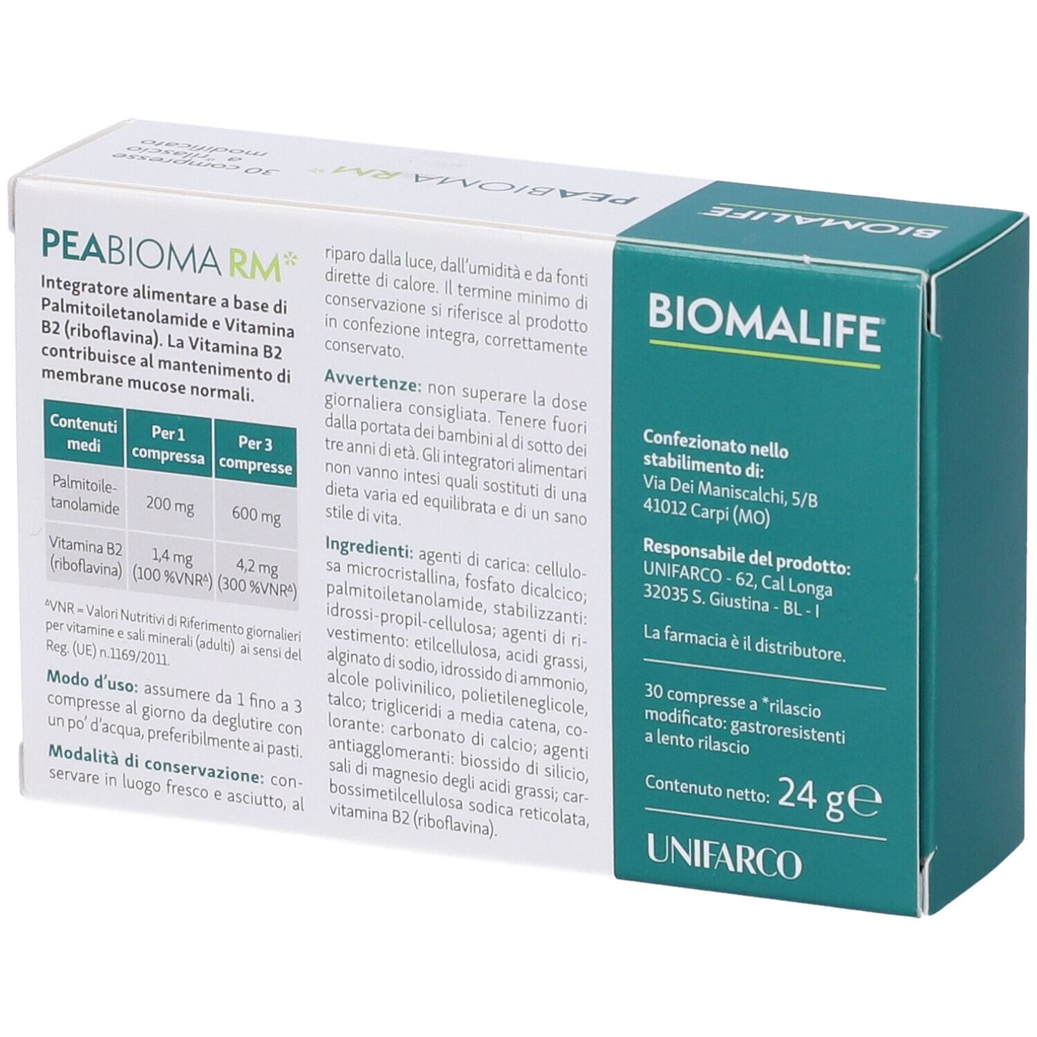 Retro della scatola. Testo su ingredienti, uso e avvertenze. Marchio BIOMALIFE.