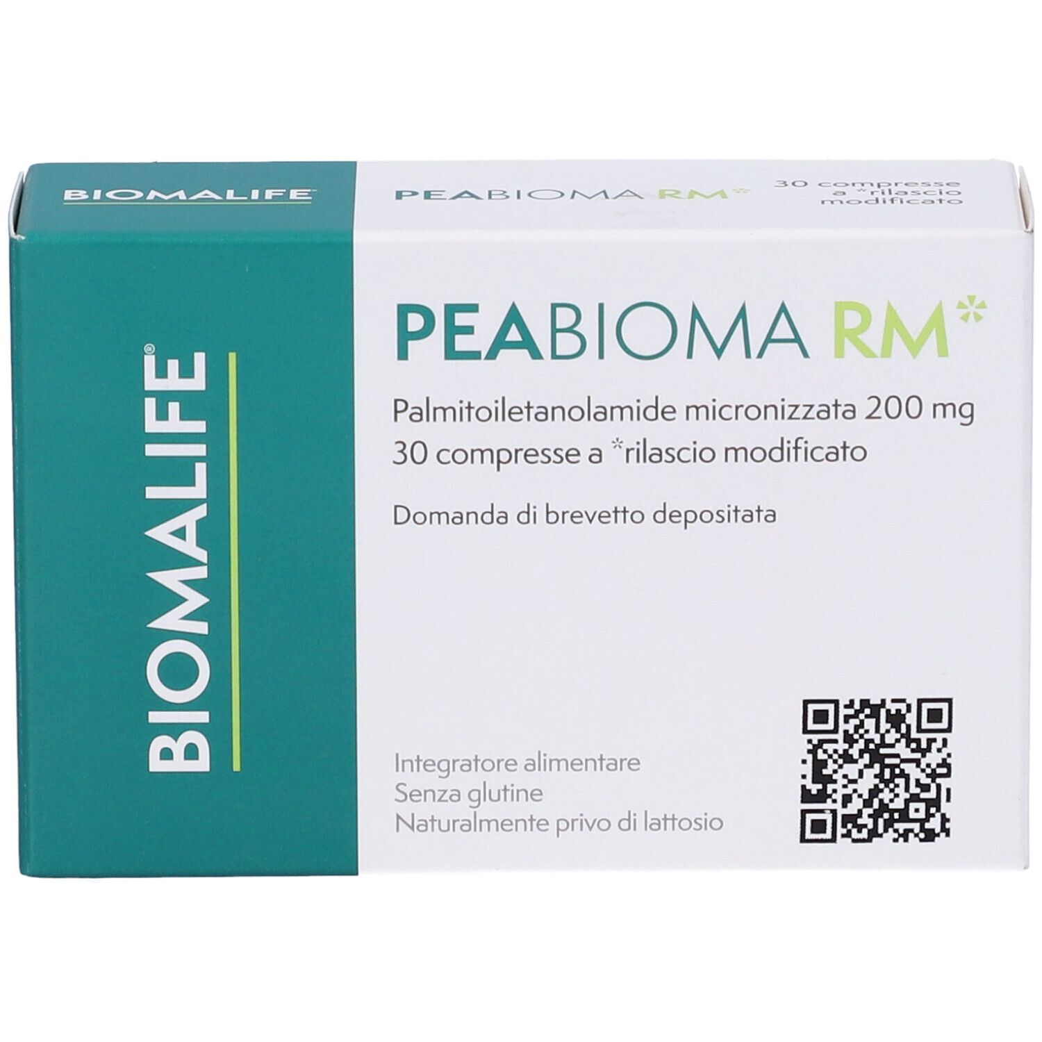 Scatola bianca e verde. Scritta PEABIOMA RM, 30 compresse. Marchio BIOMALIFE.