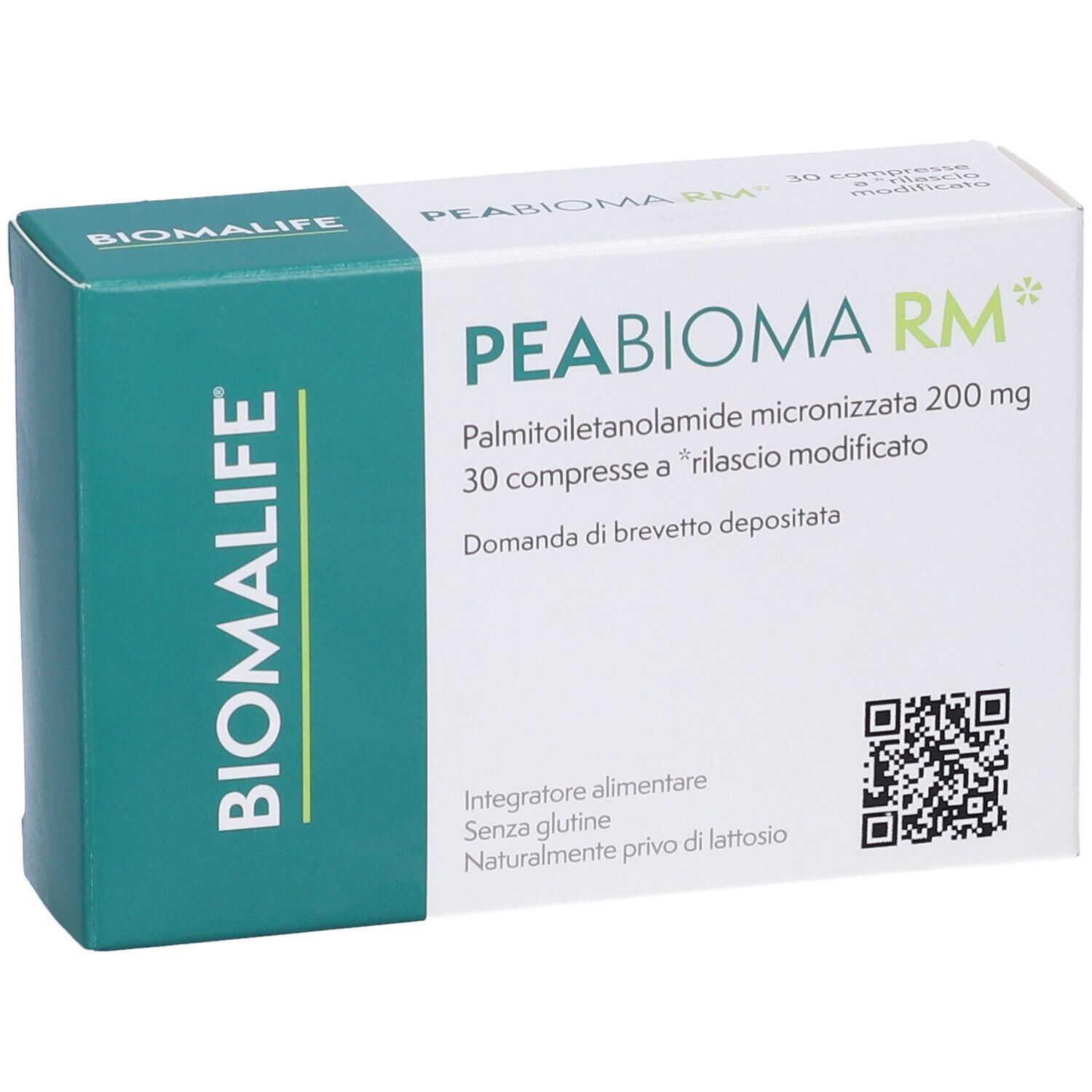 Scatola bianca e verde. Scritta PEABIOMA RM, 30 compresse. Marchio BIOMALIFE.