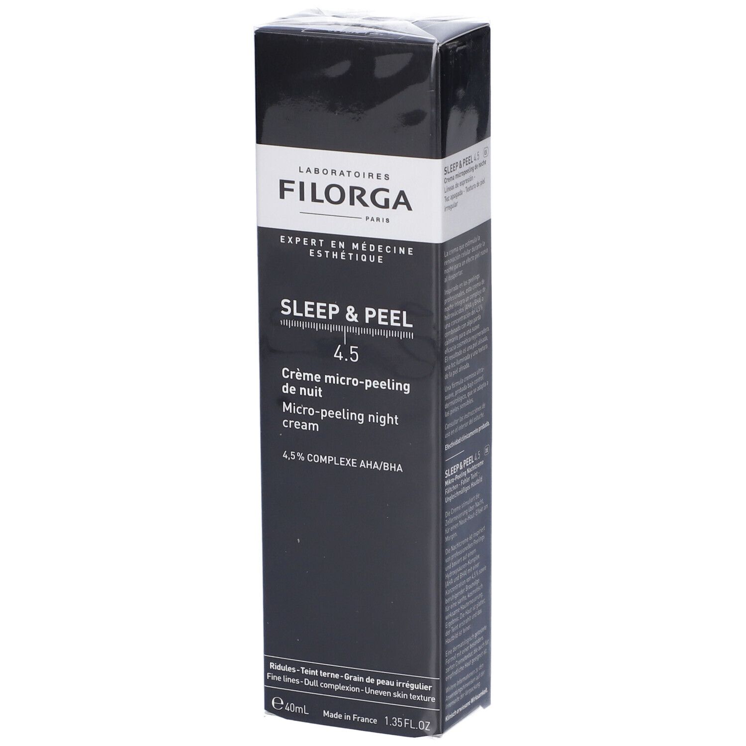 Schwarze Verpackung mit Produktnamen und Marke. Text: Sleep & Peel 4.5. Marke Filorga. 4,5% AHA/BHA.