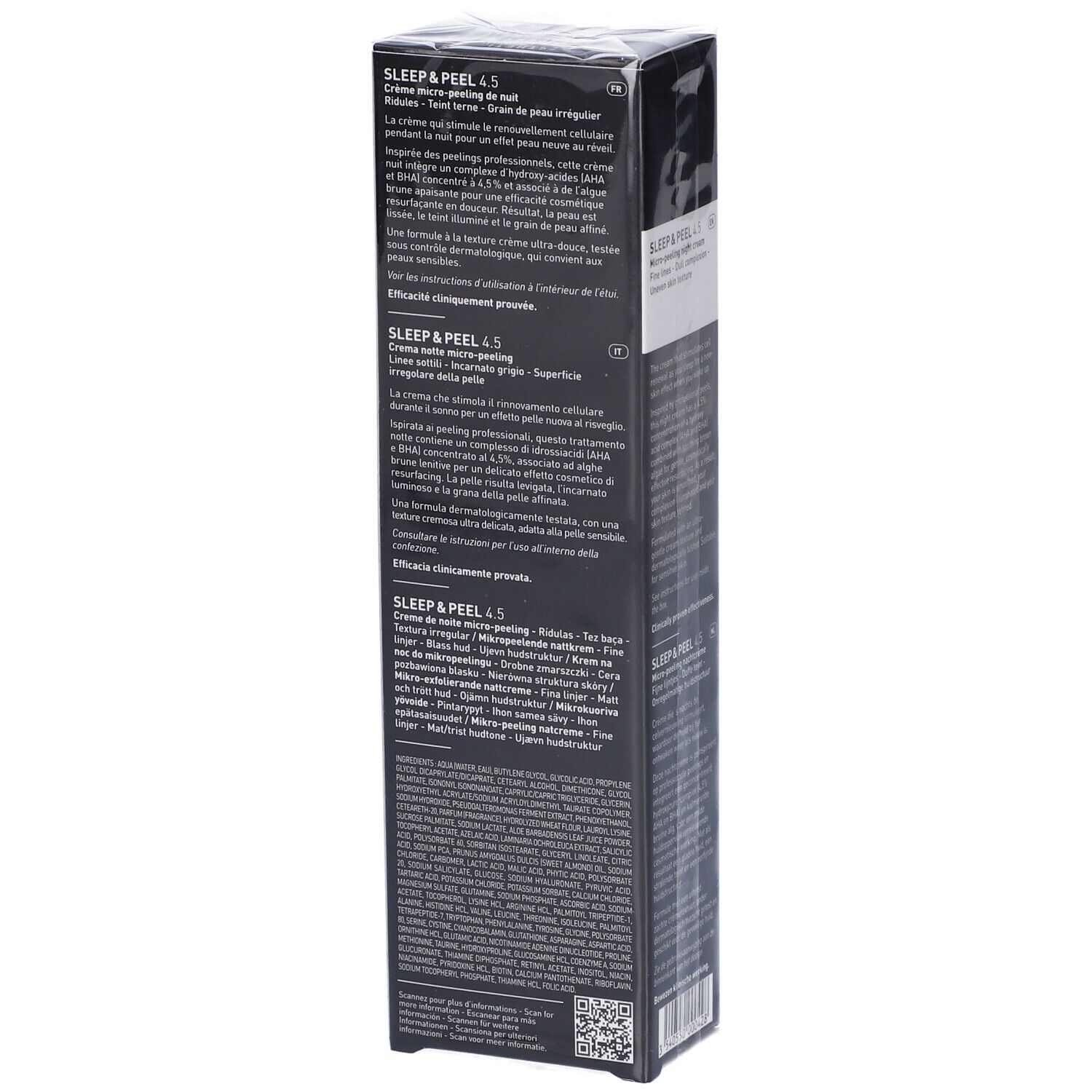 Schwarze Verpackung mit Produktinformationen. Text: Sleep & Peel 4.5. Marke Filorga. Mehrere Sprachen.