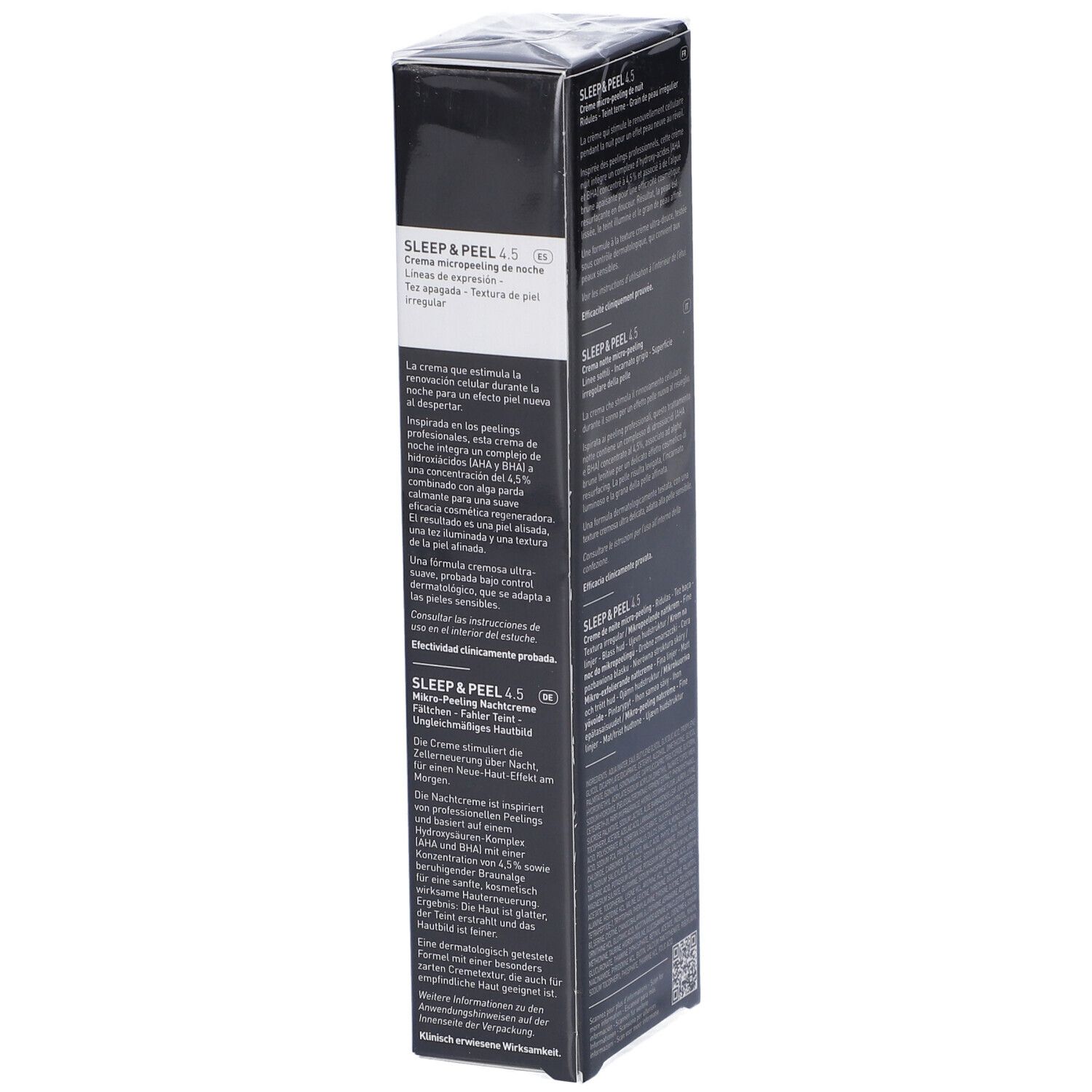 Schwarze Verpackung mit Produktinformationen. Text: Sleep & Peel 4.5. Marke Filorga. Mehrere Sprachen.