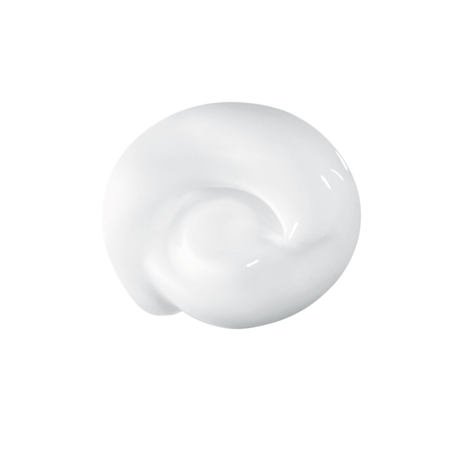 Weißes Creme-Swirl auf weißem Hintergrund. Glänzende Textur. Keine Verpackung oder Beschriftung sichtbar.