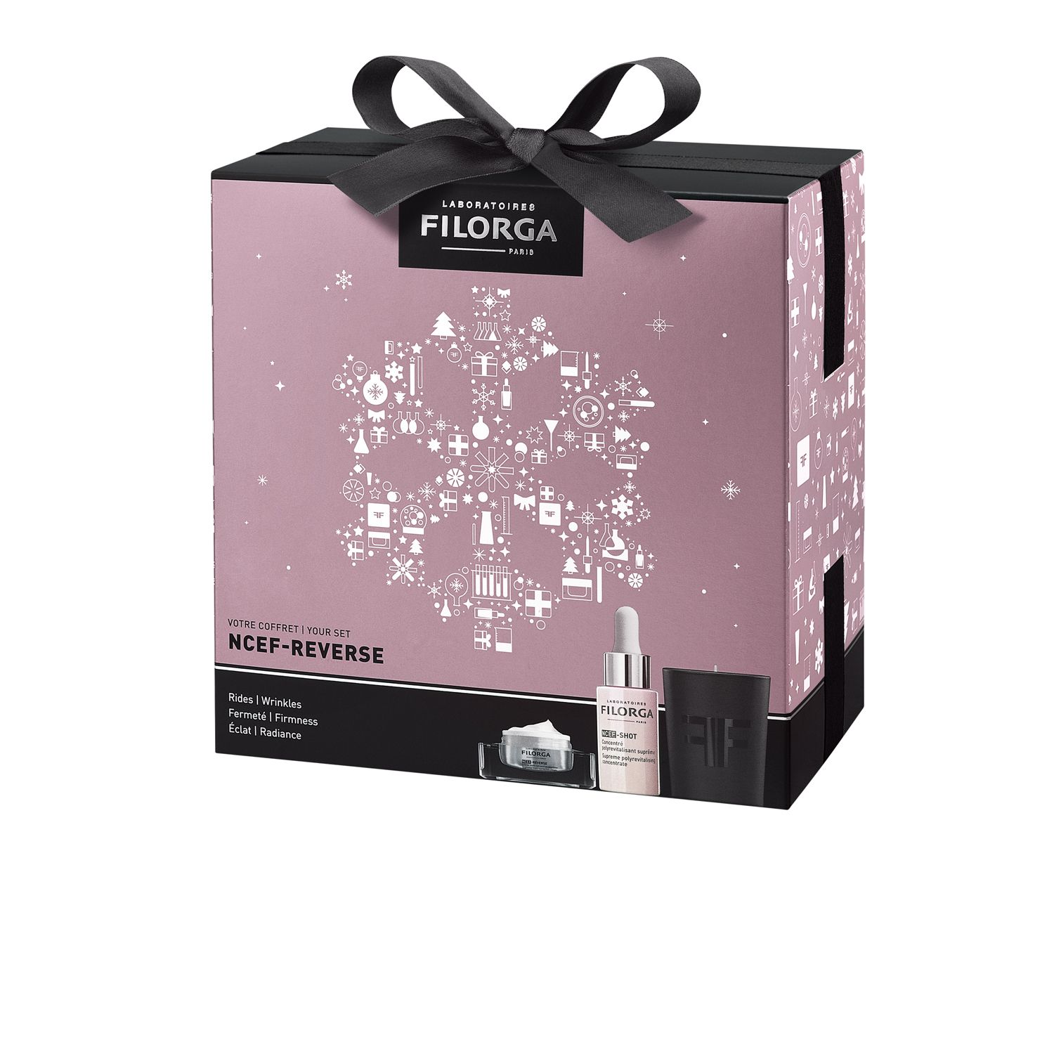 Confezione regalo con fiocco. Contiene prodotti FILORGA. Scritta: NCEF-REVERSE. Prodotti: siero, crema, contenitore nero.