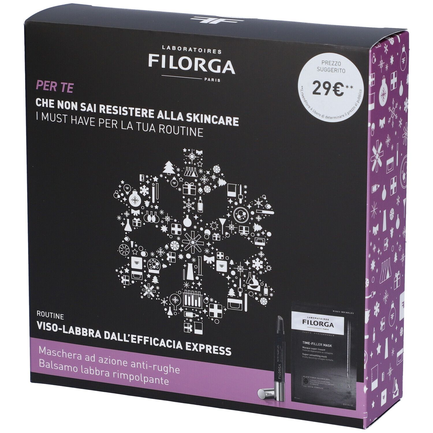 Confezione nera FILORGA. Contiene maschera e balsamo labbra. Prezzo suggerito 29€. Testo in italiano.