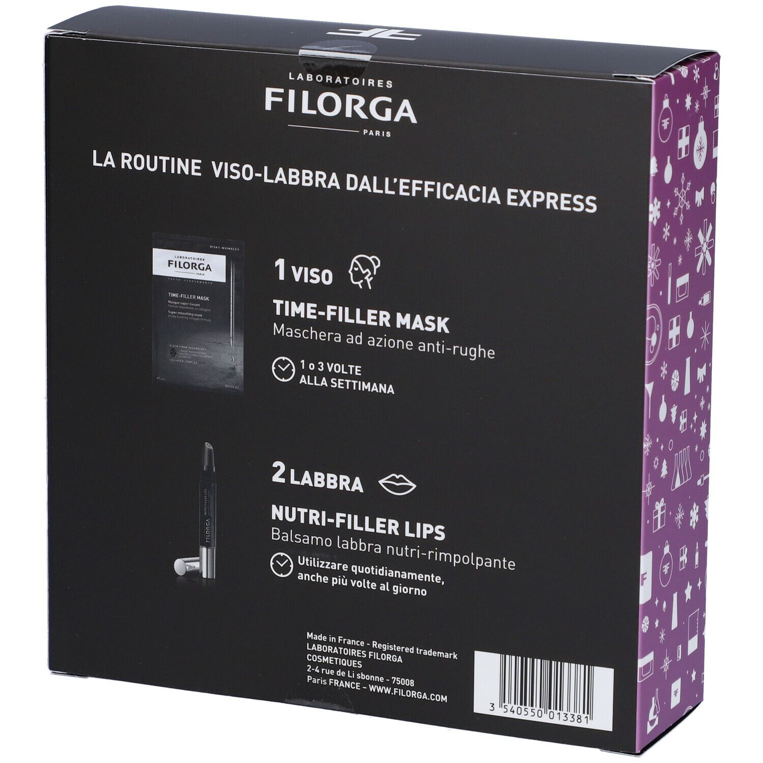 Retro della confezione FILORGA. Informazioni su maschera e balsamo labbra. Testo in italiano.