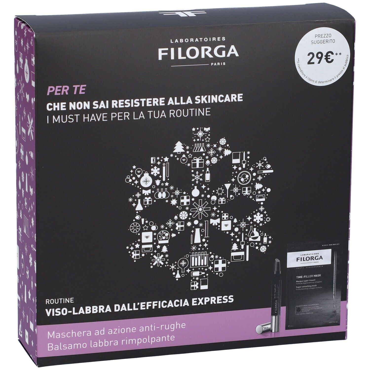 Confezione nera FILORGA. Contiene maschera e balsamo labbra. Prezzo suggerito 29€. Testo in italiano.