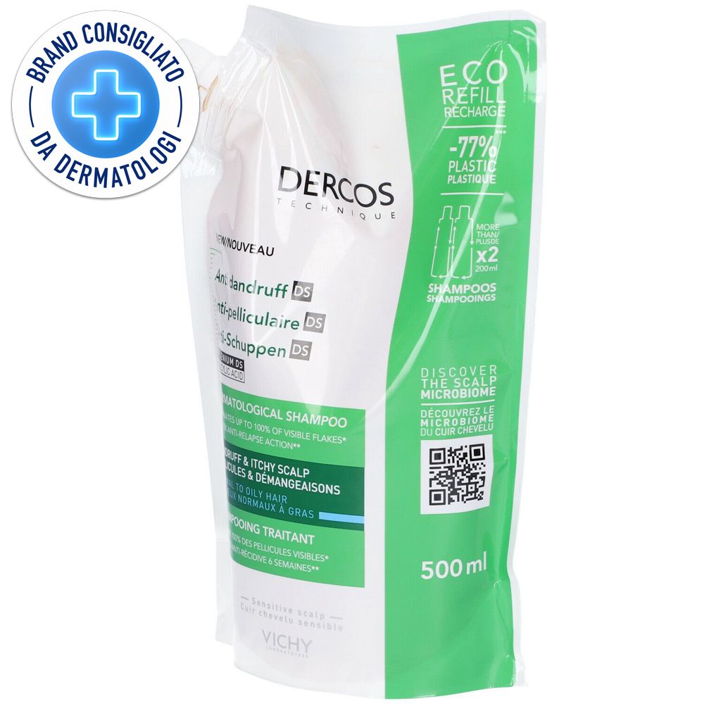 Ricarica shampoo bianca e verde. Testo: Brand Consigliato da Dermatologi, Dercos, Anti-forfora.