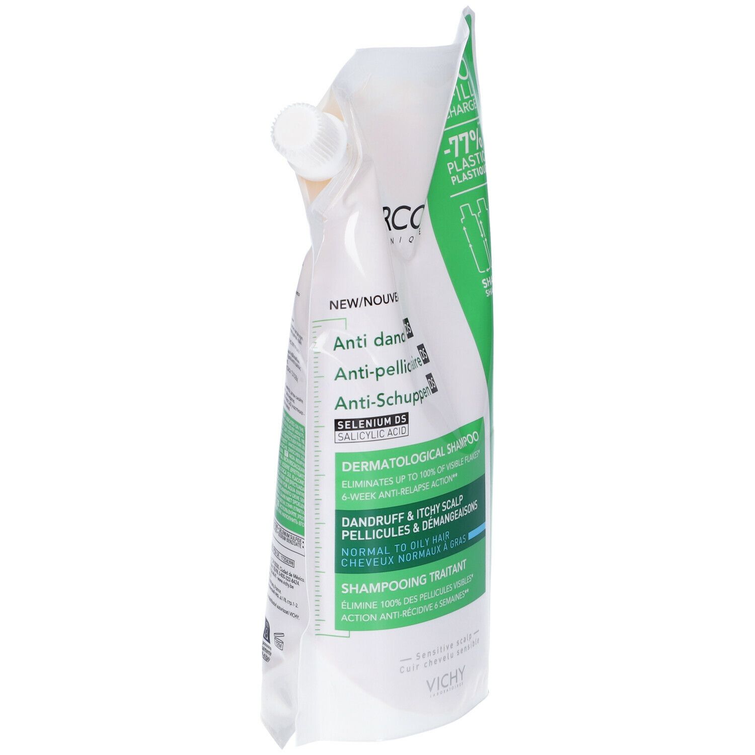 Ricarica shampoo bianca e verde. Testo: Dercos, Anti-forfora, Eco Refill, 500ml.