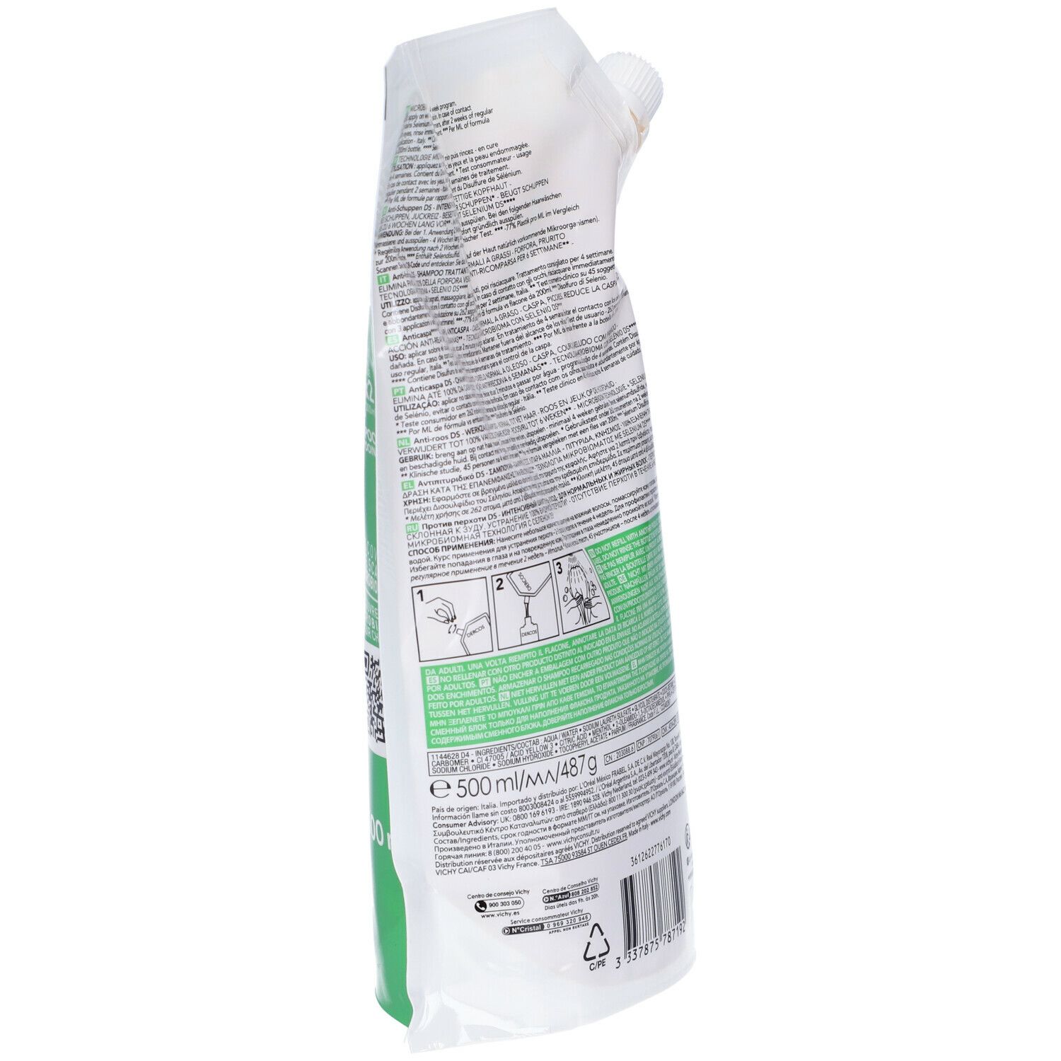 Vista laterale della ricarica shampoo. Testo e dettagli verdi. Contiene informazioni e codice QR.