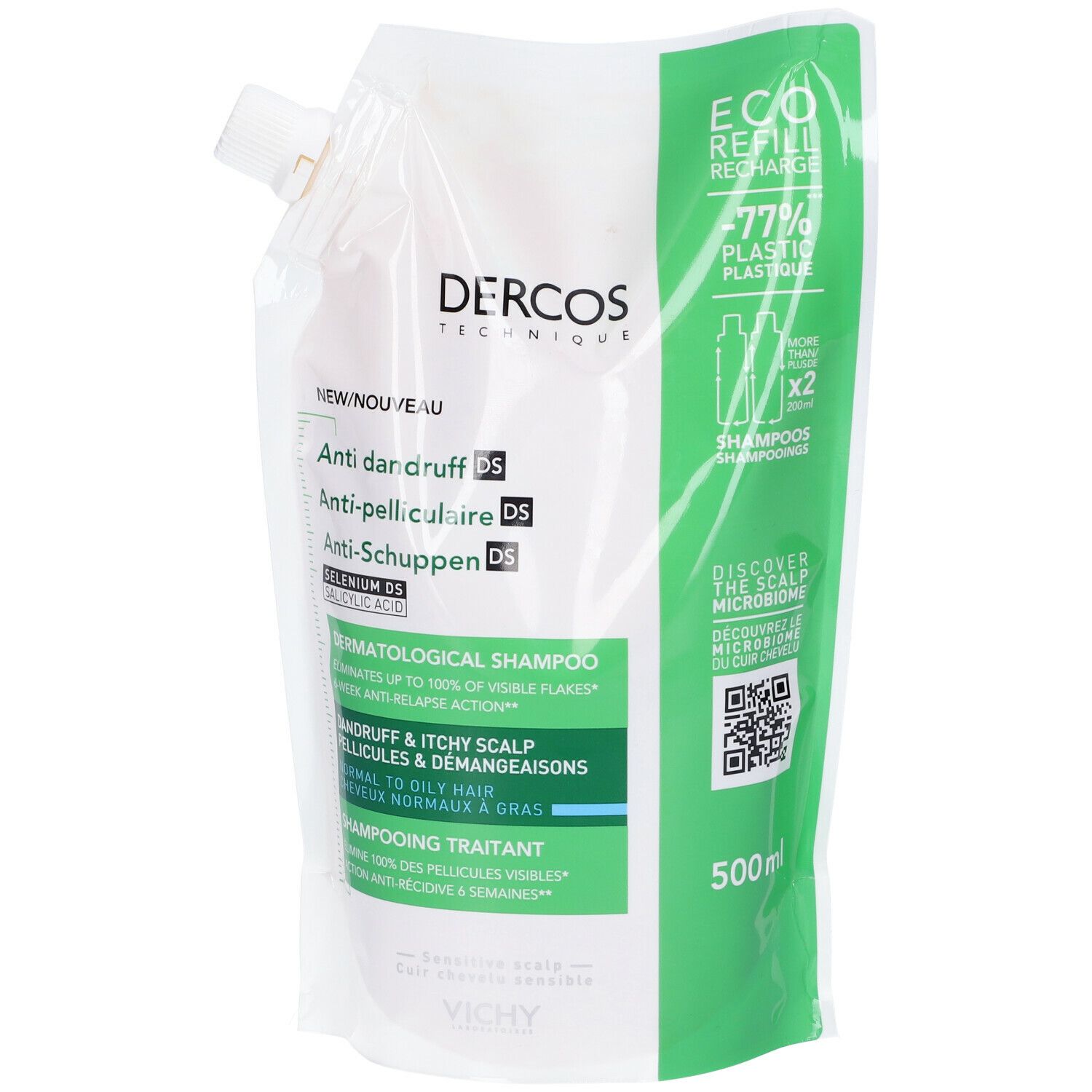Ricarica shampoo bianca e verde. Testo: Dercos, Anti-forfora, Eco Refill, 500ml.