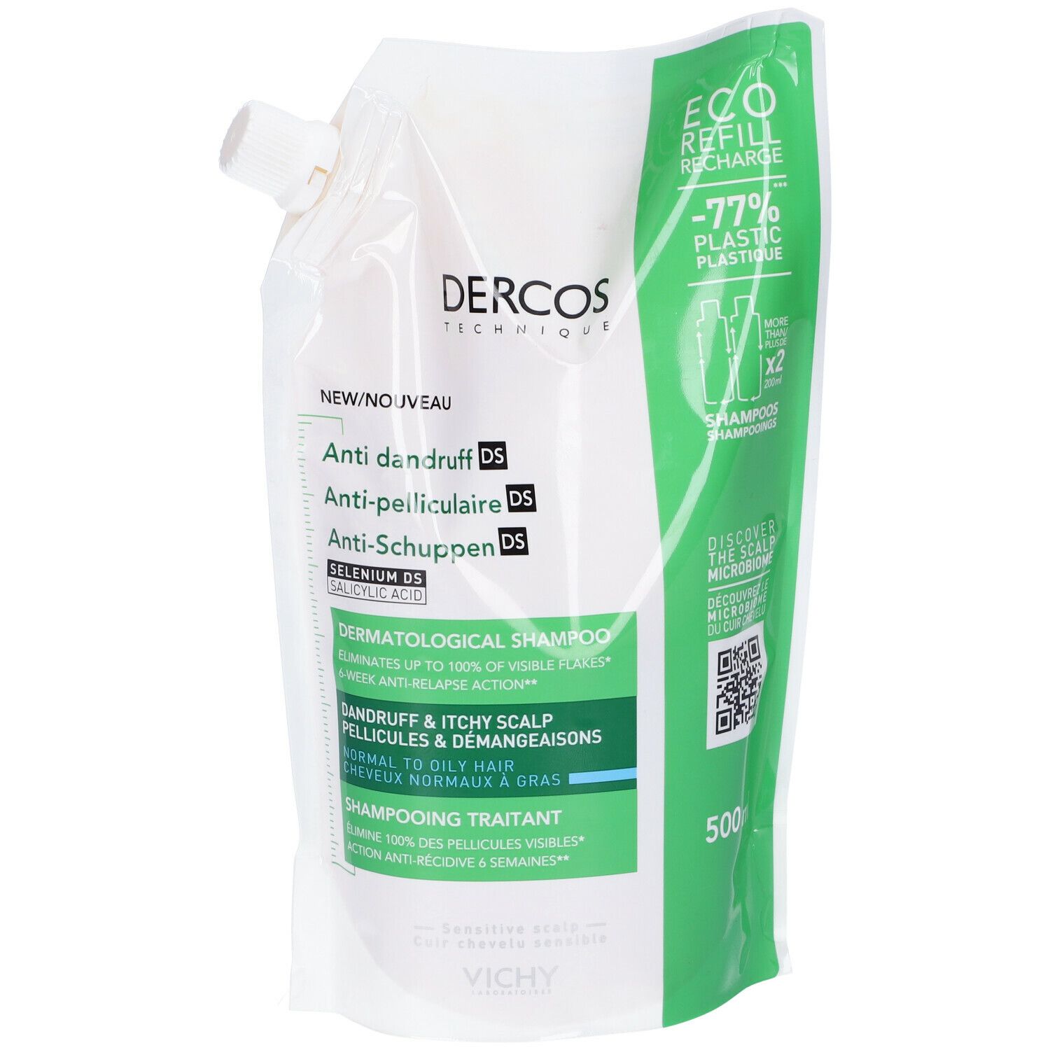 Ricarica shampoo bianca e verde. Testo: Dercos, Anti-forfora, Eco Refill, 500ml.
