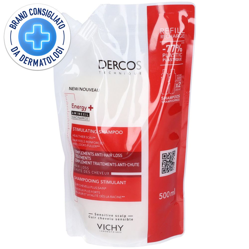 Ricarica shampoo. Bianco con dettagli rossi. Testo: Dercos, Stimulating Shampoo, 500ml. Logo: Brand Consigliato da Dermatologi.