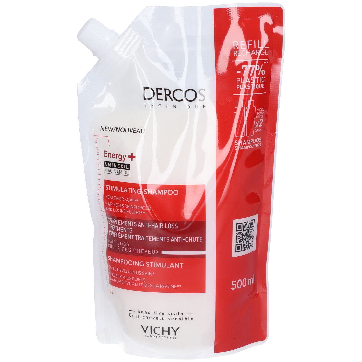 Ricarica shampoo. Bianco con dettagli rossi. Testo: Dercos, Stimulating Shampoo, 500ml. Con beccuccio.
