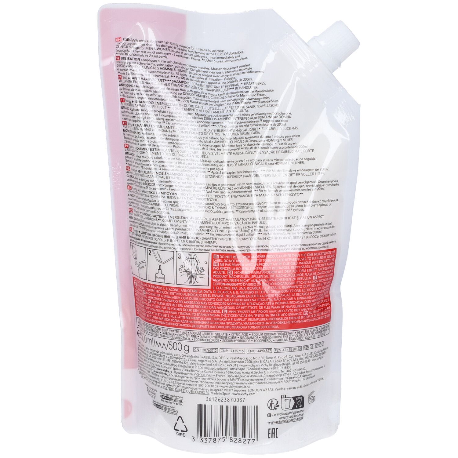 Retro della ricarica shampoo. Bianco con dettagli rossi. Testo e codice a barre. Volume: 500g.