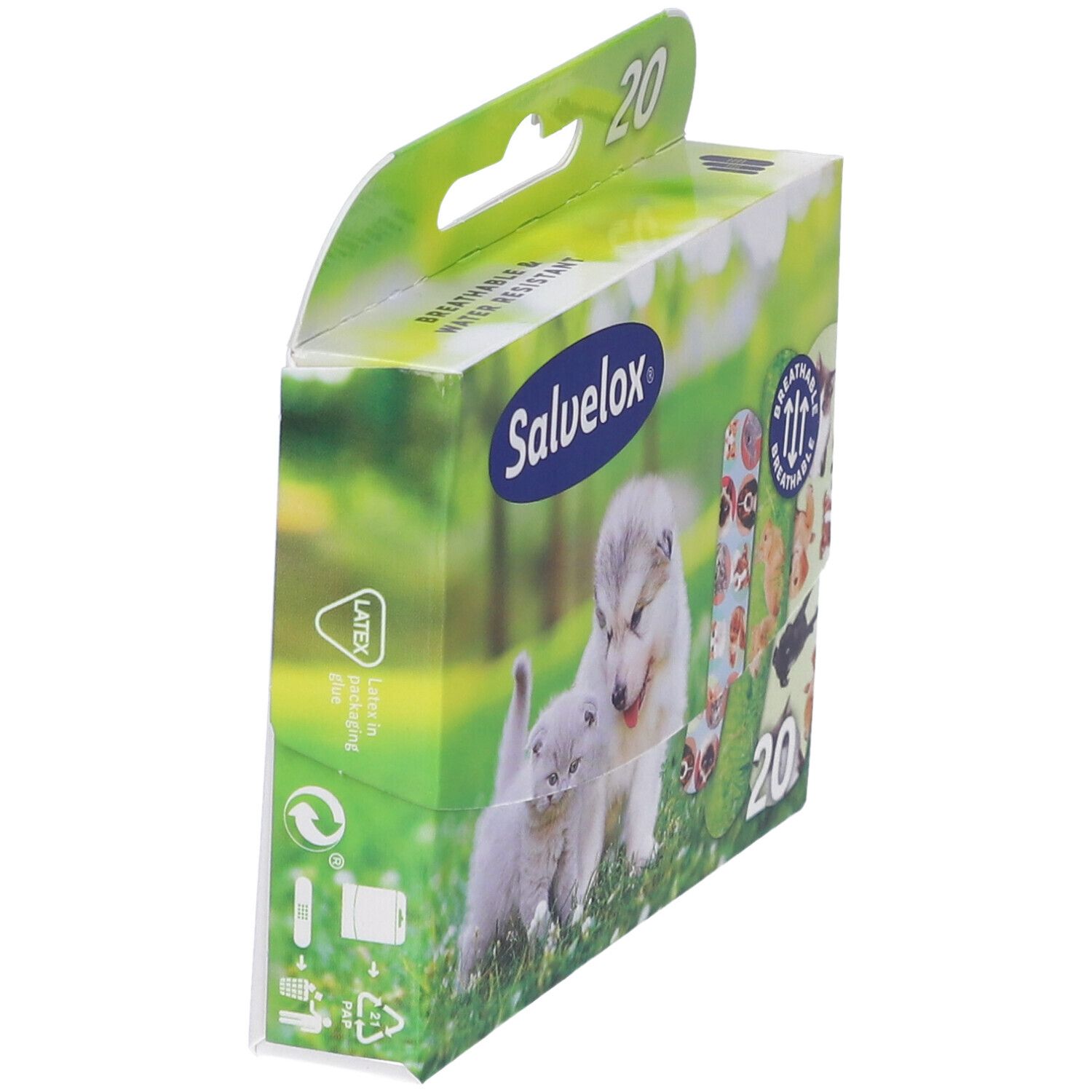 Vista laterale della confezione Salvelox. Immagine di cuccioli e gattini. 20 cerotti. Testo: traspirante e resistente all'acqua.