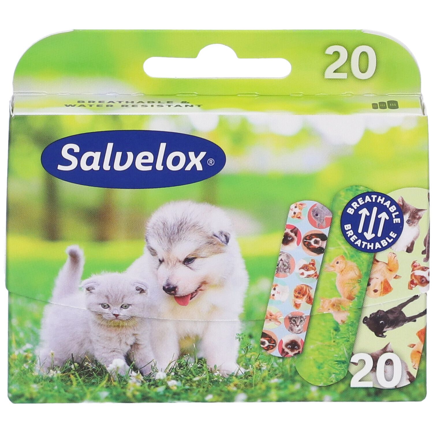 Confezione da 20 cerotti. Logo Salvelox. Immagine di cuccioli e gattini. Cerotti con motivi animali. Testo: traspirante.