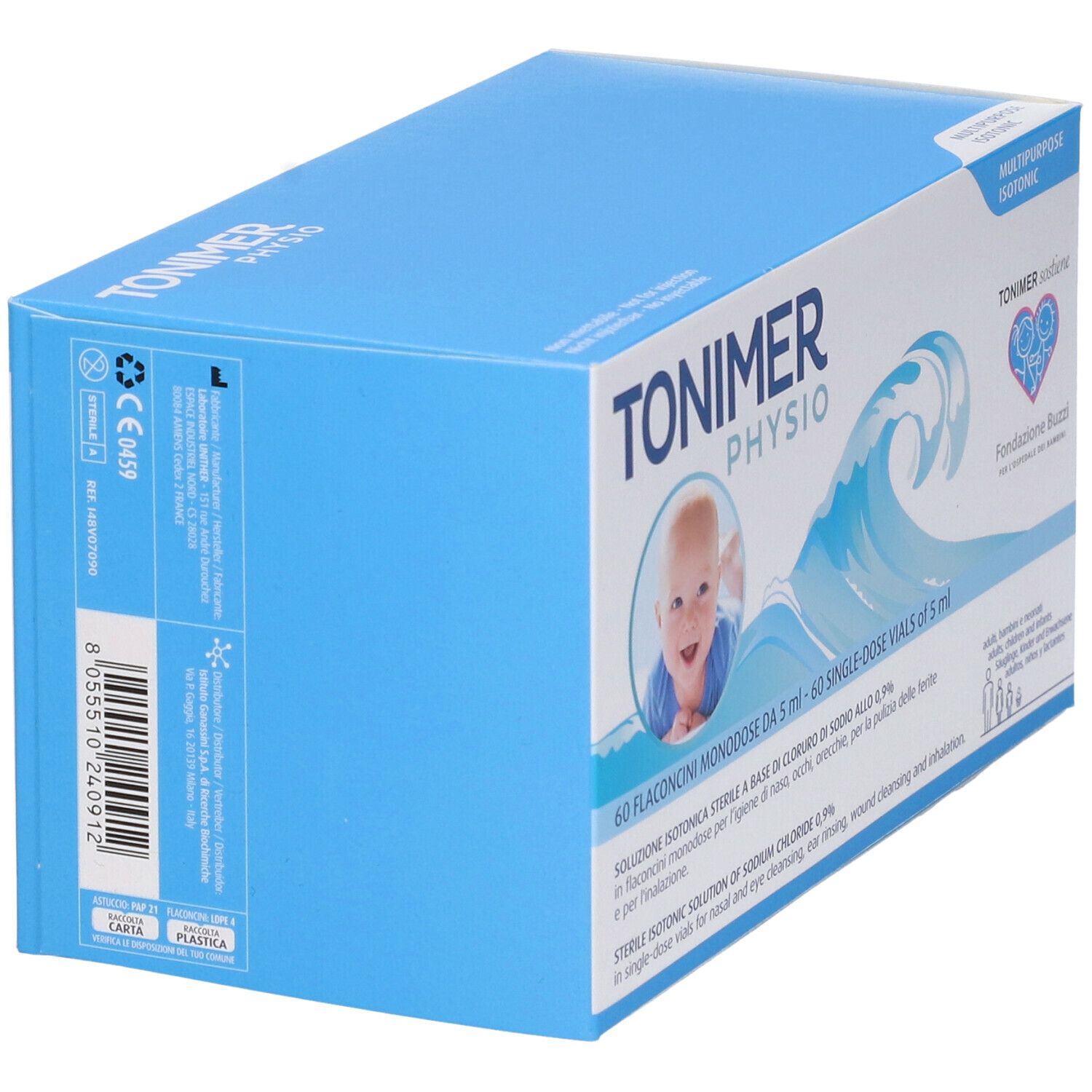 Packung mit 60 Einzeldosis-Ampullen (5 ml) Kochsalzlösung für die Nasenreinigung bei Babys.
