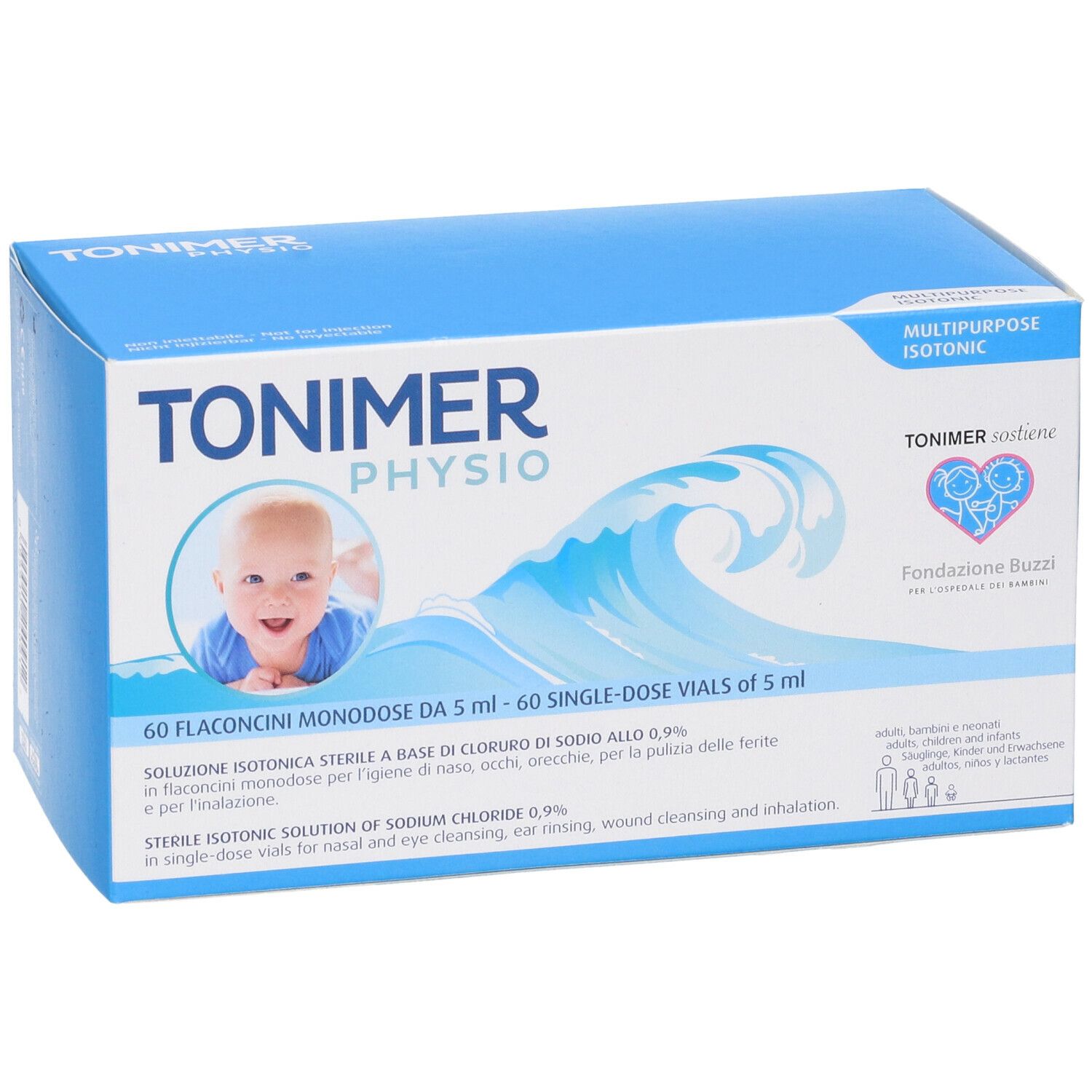 Packung mit 60 sterilen Einzeldosis-Ampullen Tonimer Physio, isotonische Kochsalzlösung.