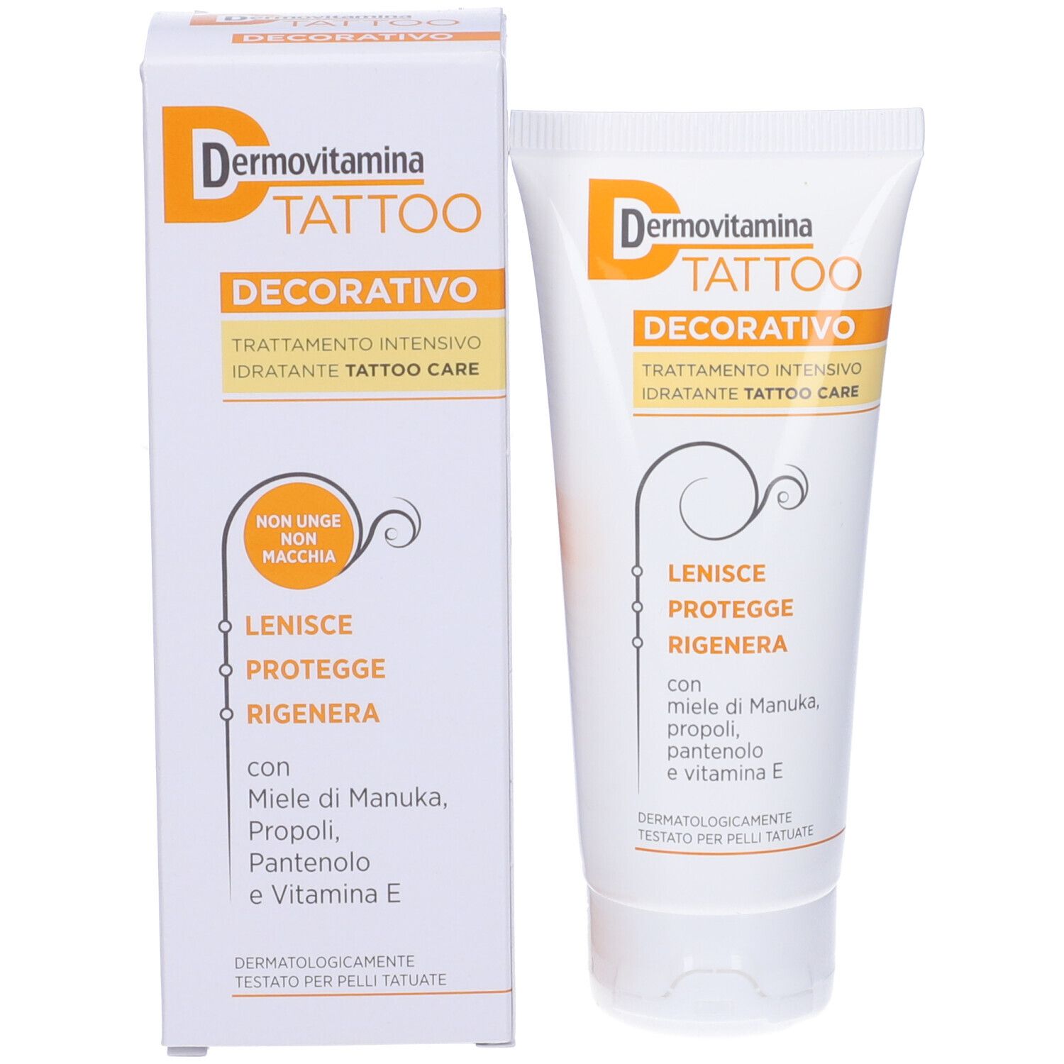 Confezione del prodotto con tubo. Dermovitamina Tattoo Crema. Tubo bianco e scatola con stampa arancione.