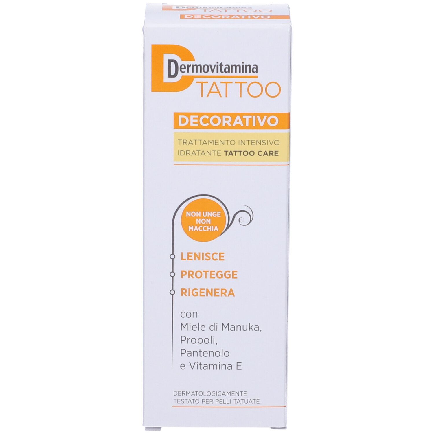 Scatola con stampa arancione. Testo: Dermovitamina Tattoo Decorativo. Contiene informazioni sul prodotto.