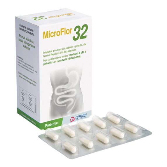 Scatola MicroFlor 32 con blister di capsule bianche.