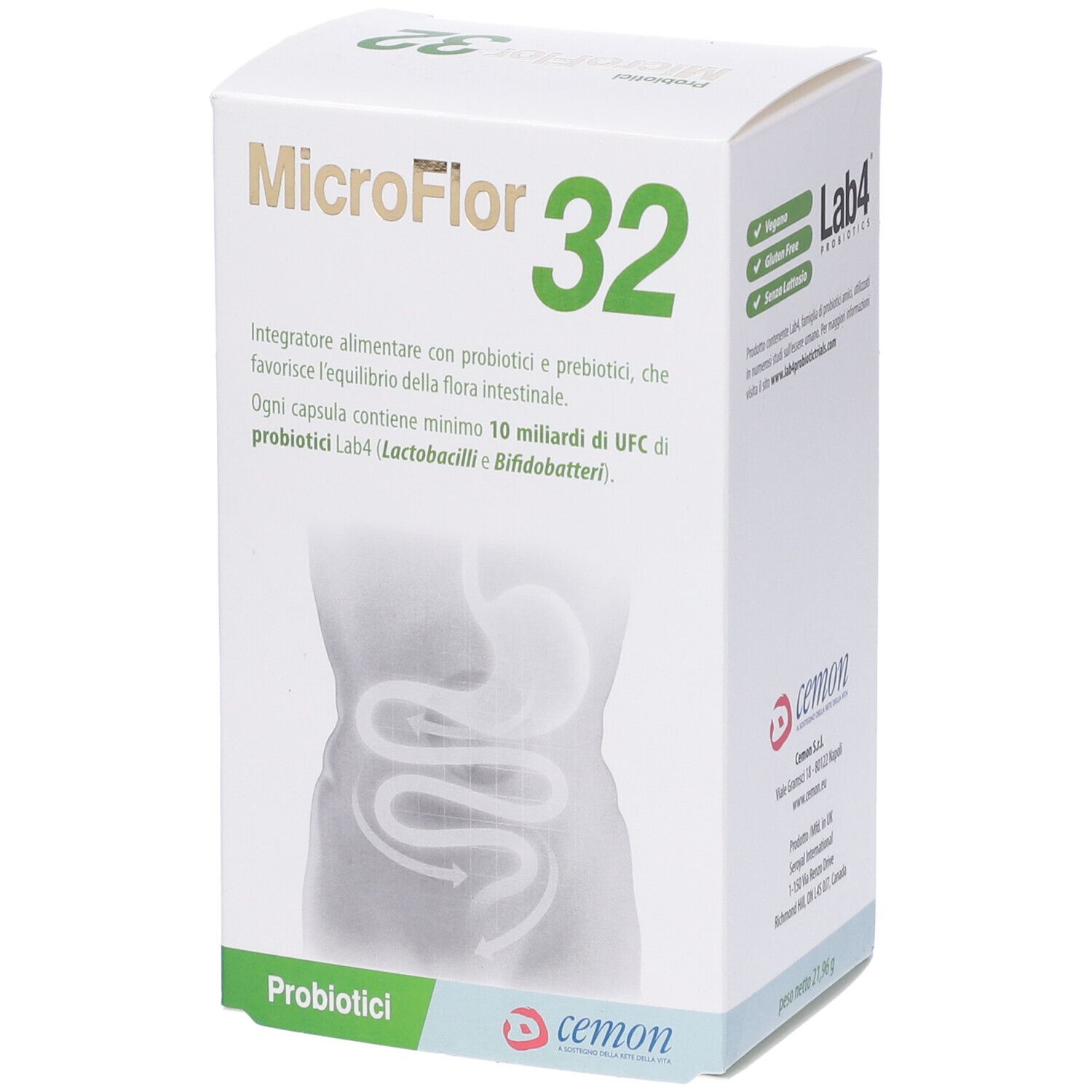 Scatola MicroFlor 32. Logo Lab4. Disegno dell'intestino.
